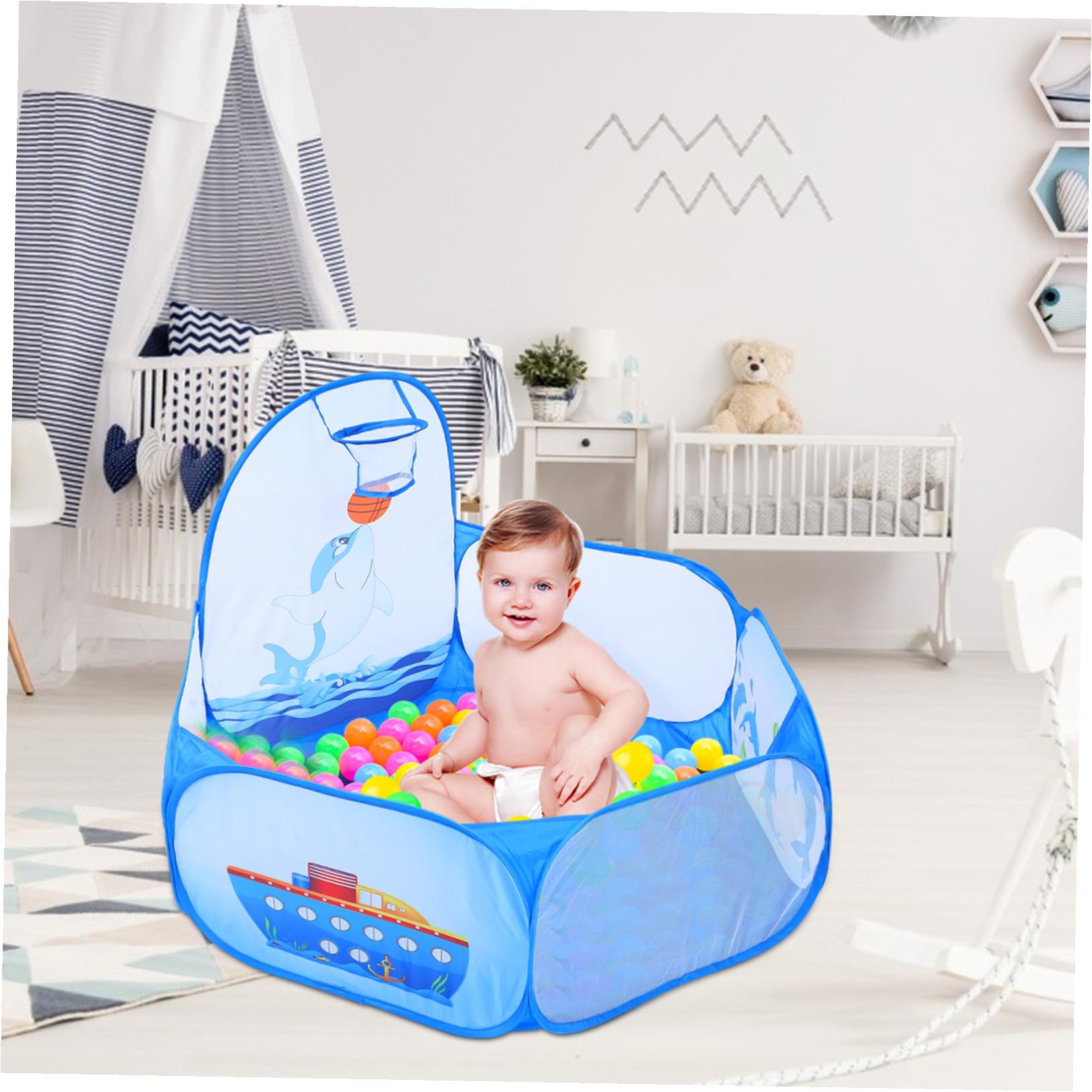 Piscina Palline per Bambini Delfino Pieghevole in Poliestere Blu