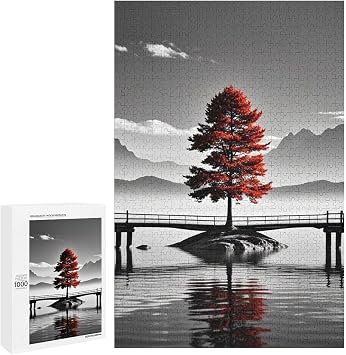 Wooden Puzzle - Black and White Bridge and Red Tree Jigsaw Puzzles,Wooden Puzzles for Adults 1000 Pieces Unique Gifts for Wall Art,Challenge Puzzles,Family Puzzles,Educational Games