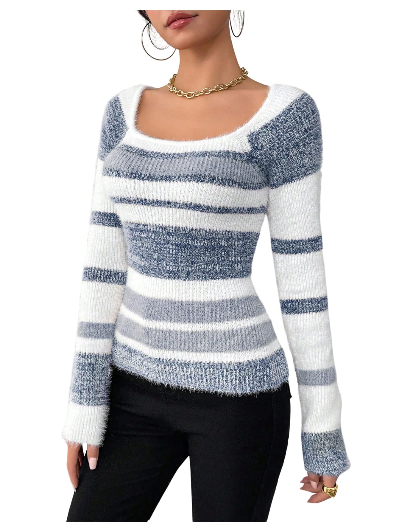 Verdusa Womens Striped Fuzzy Cozy Pullover Sweaters Slim Fit Knit Tops Fall Outfits
