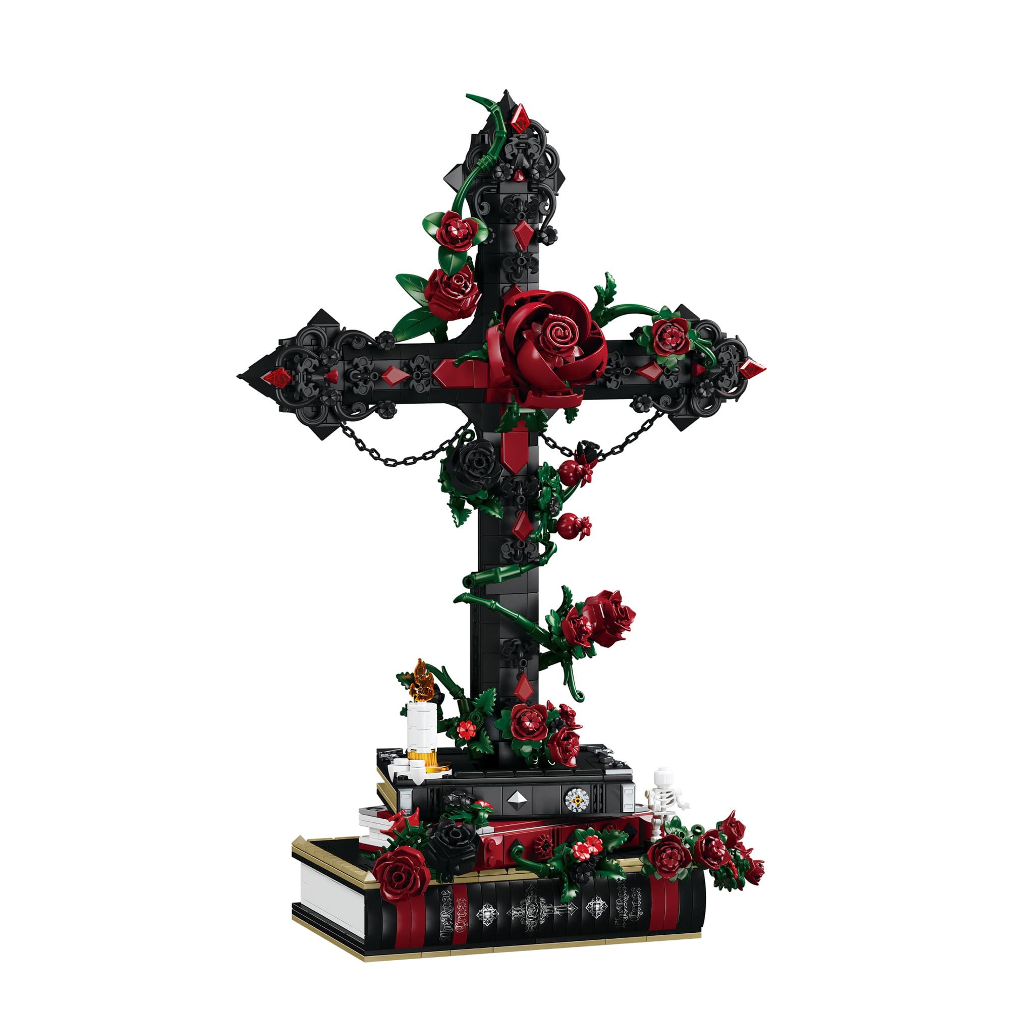 DzirePada Gothic Rose Cross Building Set including Red Roses Vintage Books Toys, Black, Red, 30,7 x 17,7 x 46,1 cm