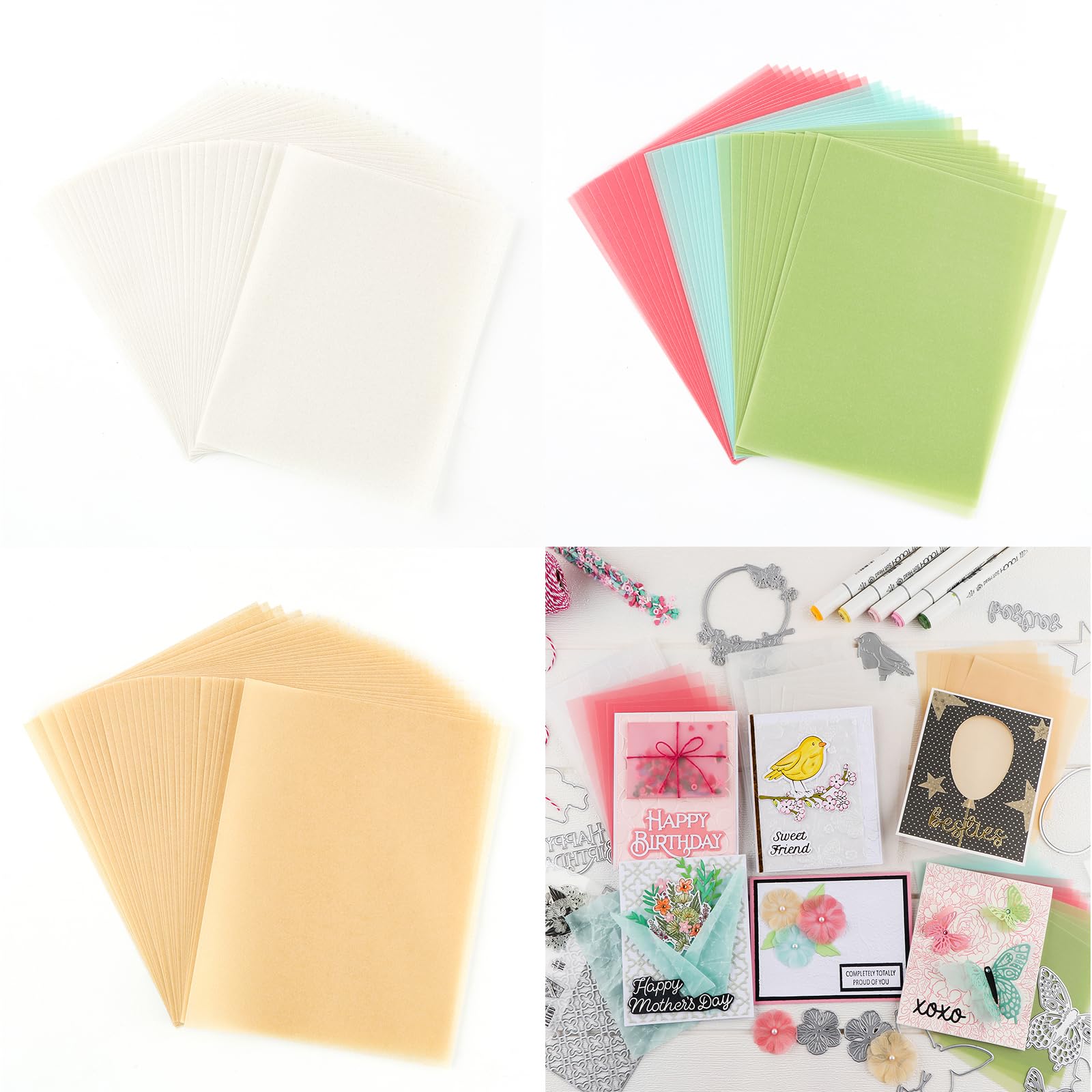 Briartw 30 Pearled Silver+30 Pearled Gold+10 Light Pink+10 Light Green+10 Light Blue 90 Sheets 4.25X5.5 Colored Frosted Smooth Vellum Paper Sheets,100Gsm/37Lb Heat Resistant Translucent Tracing Paper,Five-Colored See-Through Paper For Stamping,Embossing,Die Cutting