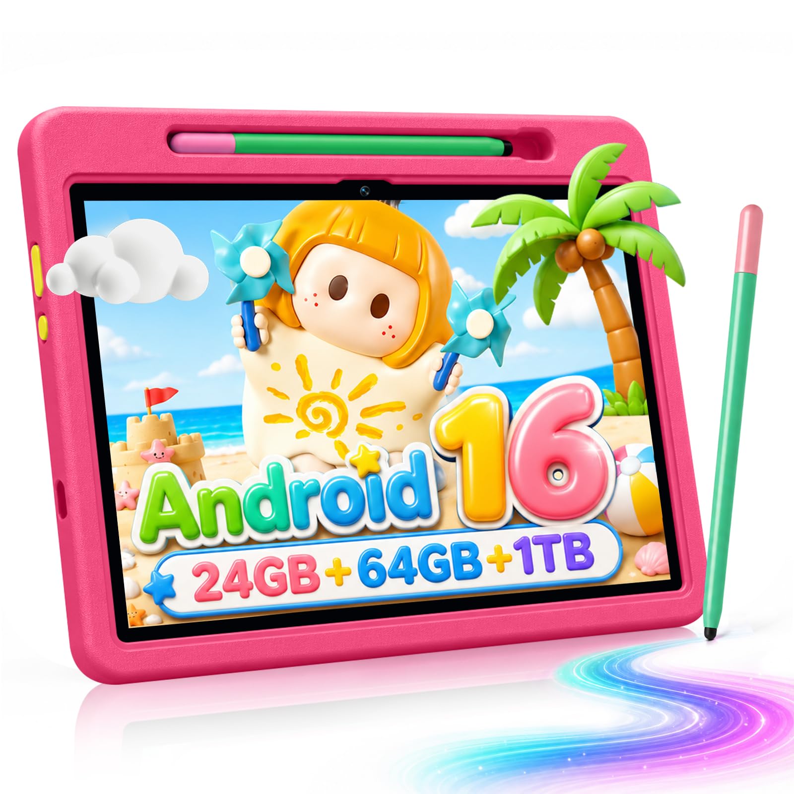 Android 16 Kids Tablet HD 10 Inch with Stylus & Case, 24GB RAM 64GB ROM 1TB | Electronics Tablets for Kids Toddler, Parental Control & Kids Space, 6000mAh, WiFi 6, BT 5.4, 2*Camera, Gifts for Kids - Pink
