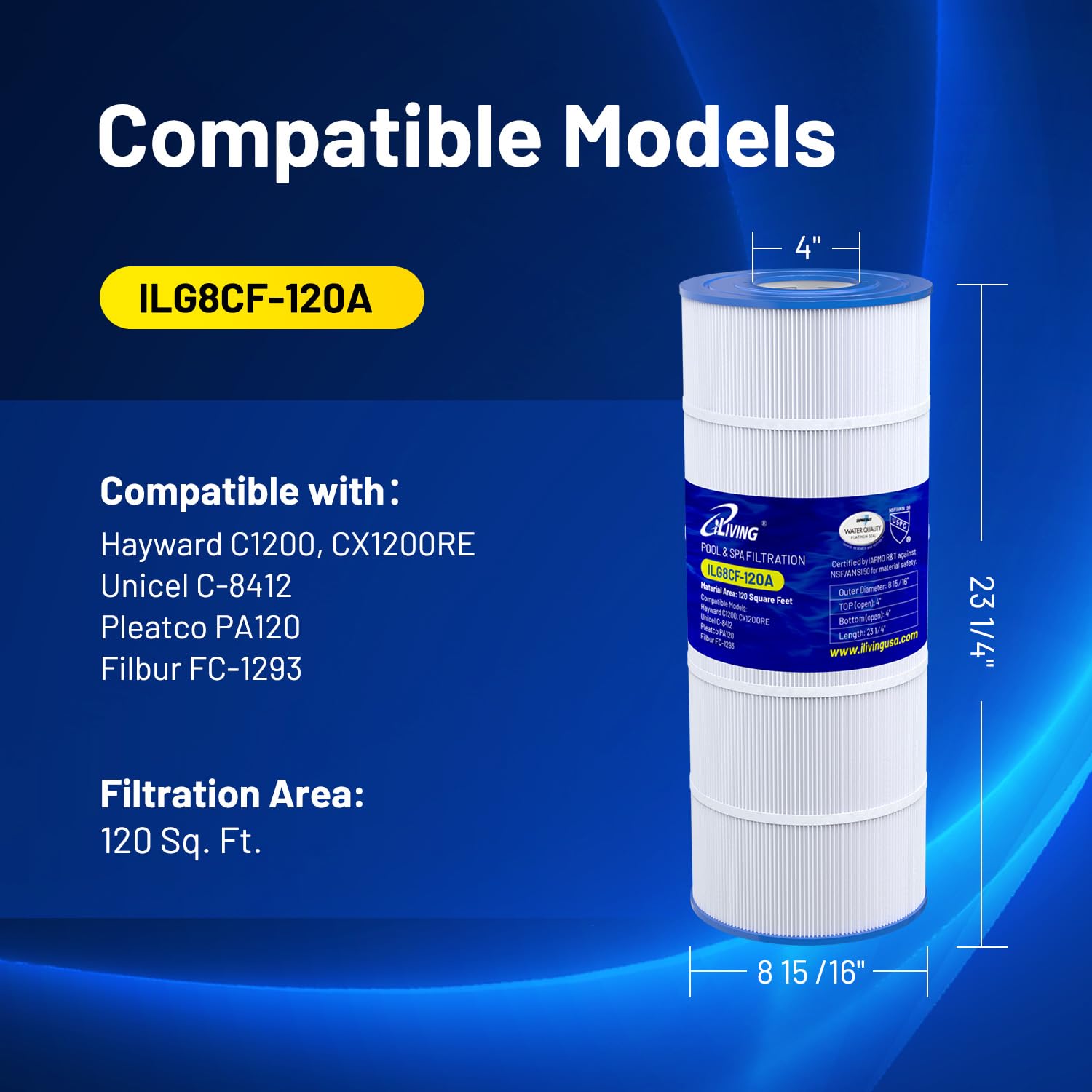 iLiving ILG8CF-120A Pool & Spa Filter Replacement, Compatible with Hayward C1200, CX1200RE, Pleatco PA120, Unicel C-8412, Ultra-B2, Filbur FC-1293, Clearwater II 125, Waterway Pro Clean PCCF-125