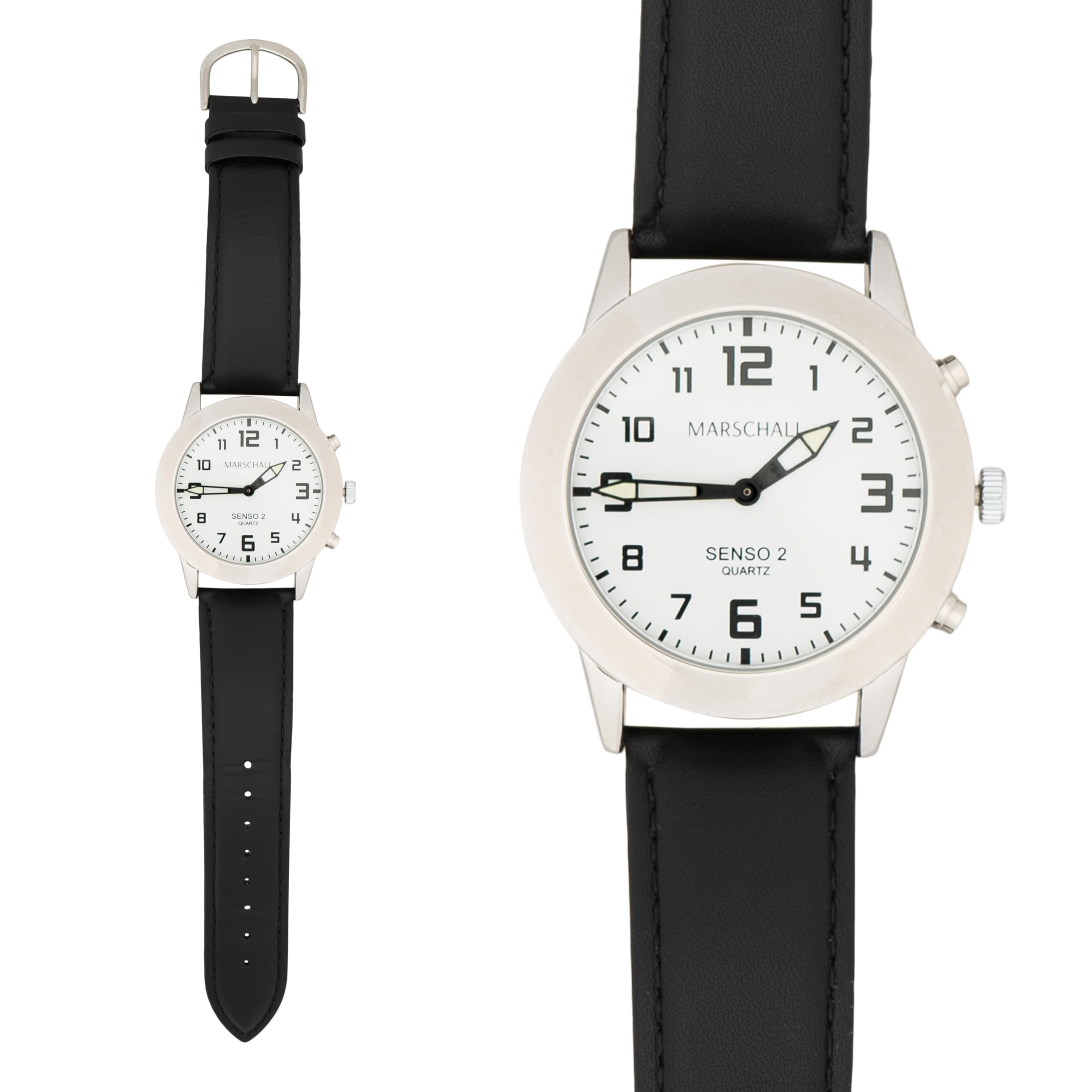 Marschall Senso Deutsch sprechende Herren Armbanduhr I S-HL2 I Mit Touch Funktion I Für Blinde, Senioren und Demenzkranke I Datum- und Zeitansage I Schwarzes Lederarmband