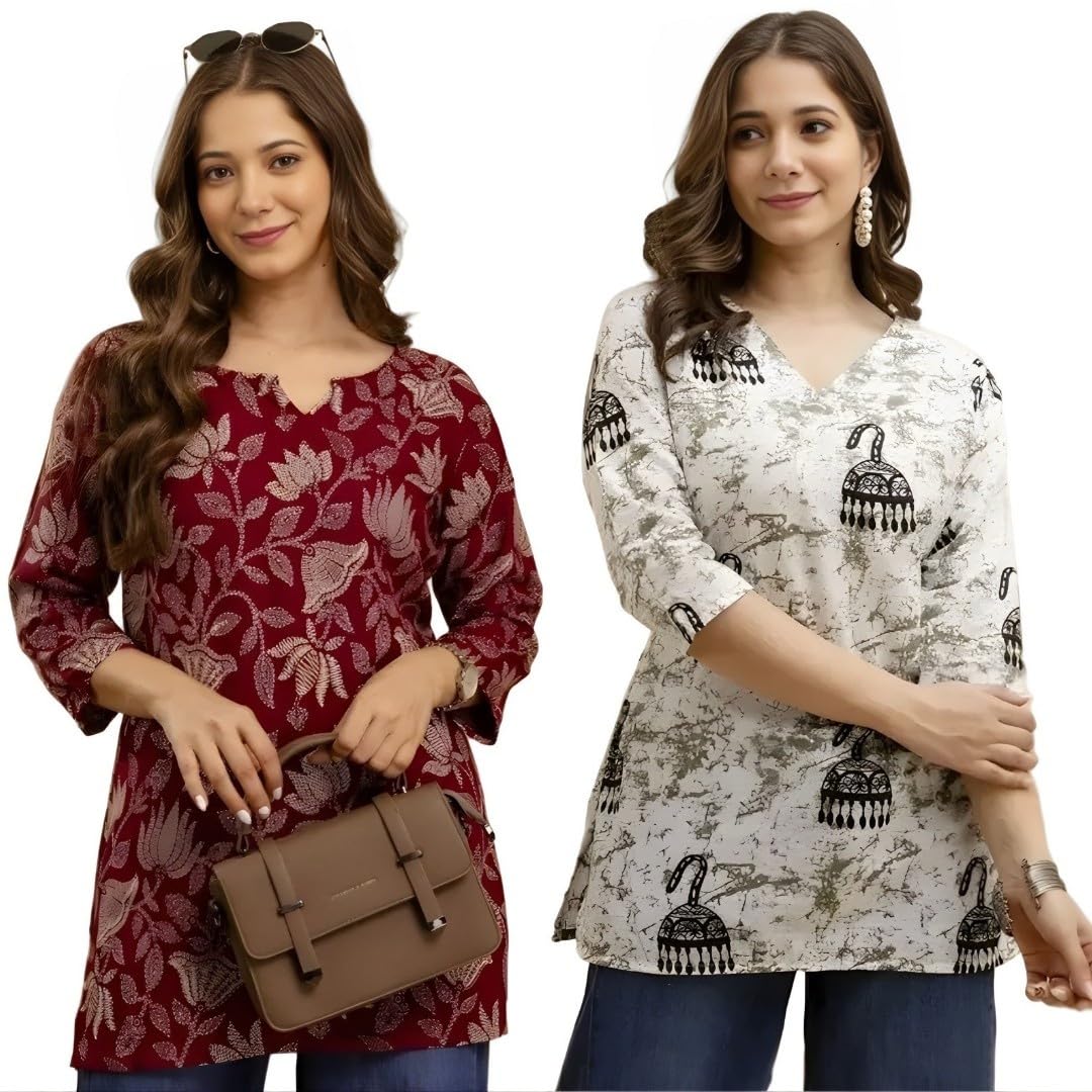 Women's Cotton Printed Short Kurti, Round Neck, Three Quarter Sleeve, Straight Fit, Pack of 2-picture-51