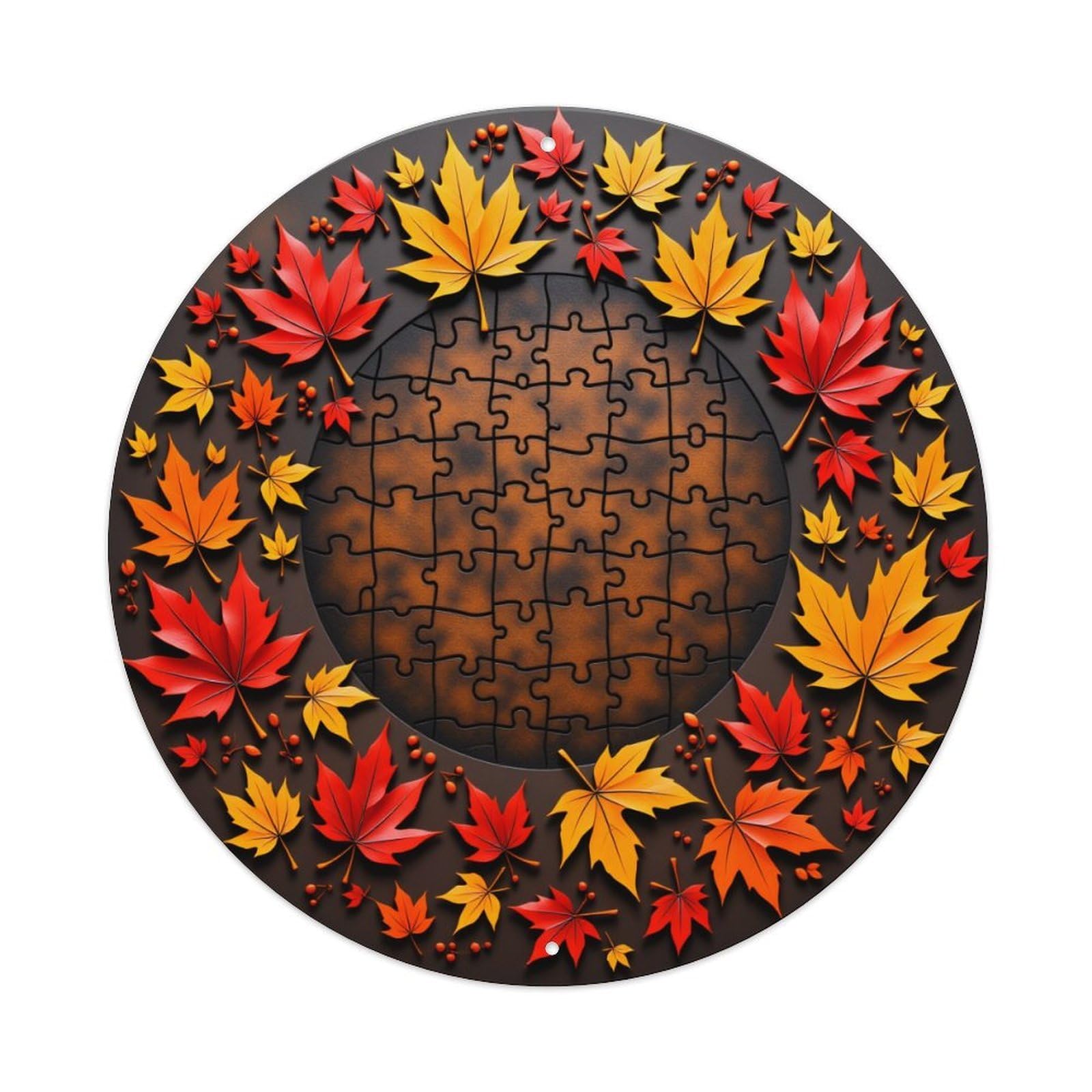 Autumn Leaves Puzzle Pattern Circle Vintage Metal Tin Sign Retro Wall Decor for Home Bar Garage Cafe, Indoor & Outdoor Decorative，circle Metal Poster, 8x8 Inch