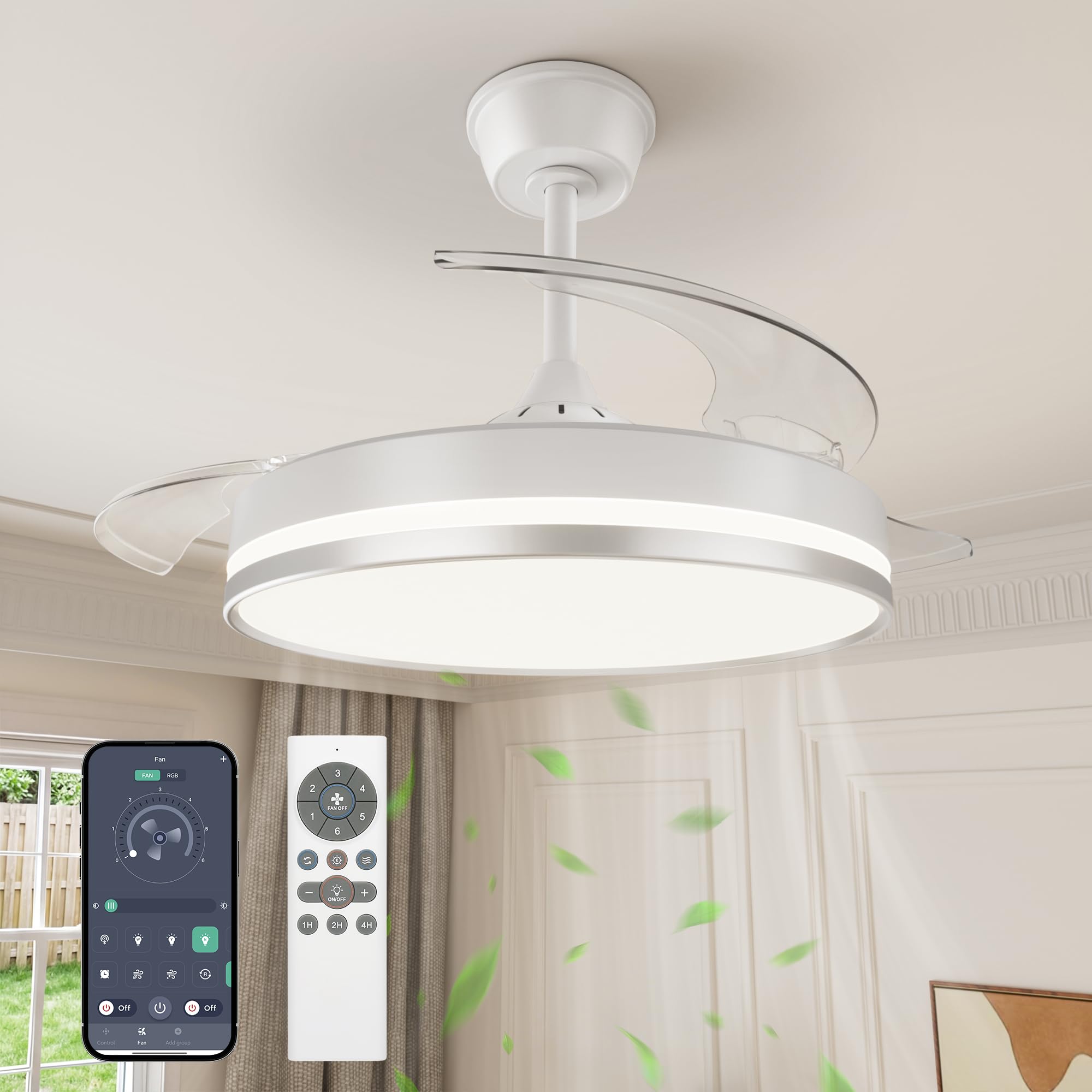 VOLISUN Ventilador de Techo con Luz aspas Retráctiles, Ultra-Silencioso Motor DC, CCT 3000-4000-6000K, Mando a Distancia - 50W Lámpara de Techo con Ventilador Moderno（(Plata, 106cm)