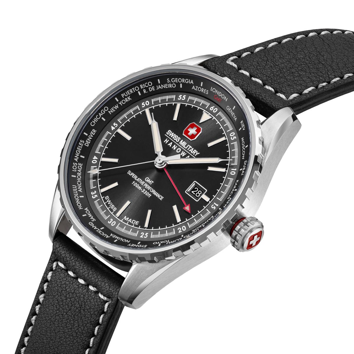 Swiss Military Hanowa Afterburn GMT Herrenuhr mit Lederarmband oder Metallband mit Datum und Saphirglas