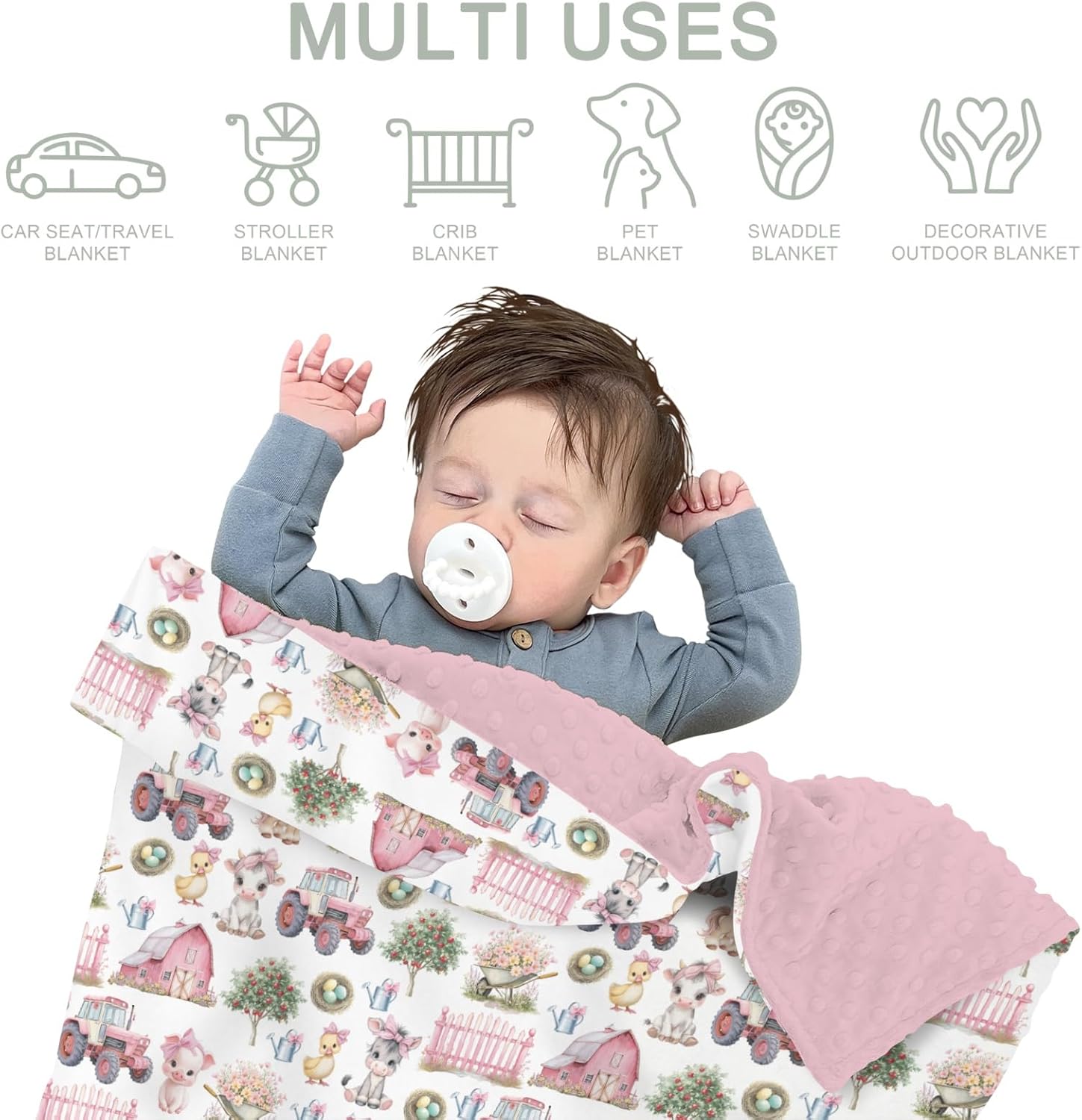 Pink Farm Animals Baby Blankets for Girls Barn Pig Duck Cow Horse Bows Tractors Soft Double Layer Swaddle Blankets Dotted Fleece Backing Farmyard Receiving Bed Throw Blanket for Newborn 30x40 - Image 8