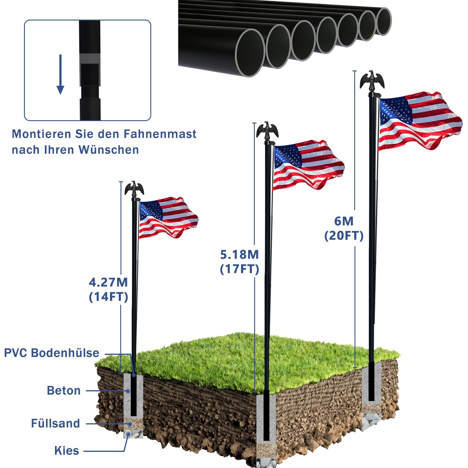 NQ Fahnenmast 6M stabil, 20FT Aluminium Fahnenmast höhenverstellbar, Fahnenstange Set für Außenbereich, Deutscher Fahnenmast(Schwarz)