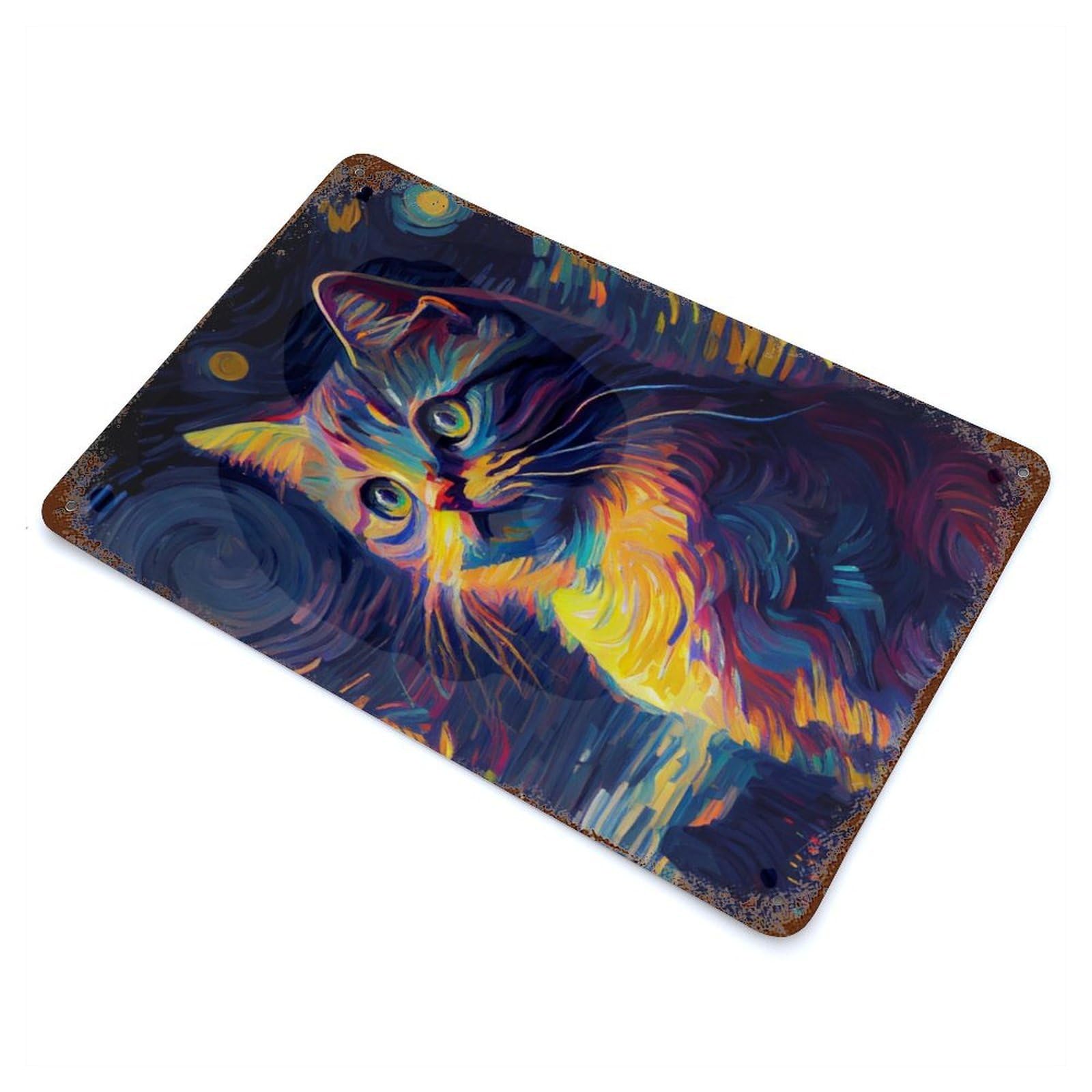 Aged Metal Wall Plaque with Starry Night Cat Design 11.8"x7.9", for Farmhouse, Kitchen And Entryway Decor, Old School Wall Decor