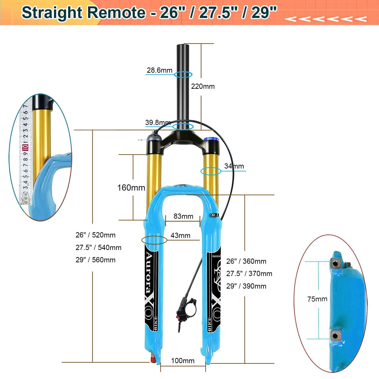 Widelec przedni AuroraXQ do rowerów górskich 26/27,5/29, AIR-34, skok 160 mm, regulacja odbicia, 9 mm QR oś przelotowa do MTB/XC/Am - niebieski