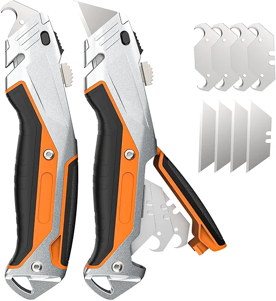 Bilivein Heavy Duty Utility Knife Retractable - Metal Box Cutter for Carpet/Outdoor Indoor Construction Marking - Cardboard Cutter with Blade Storage Design - 2 Pack
