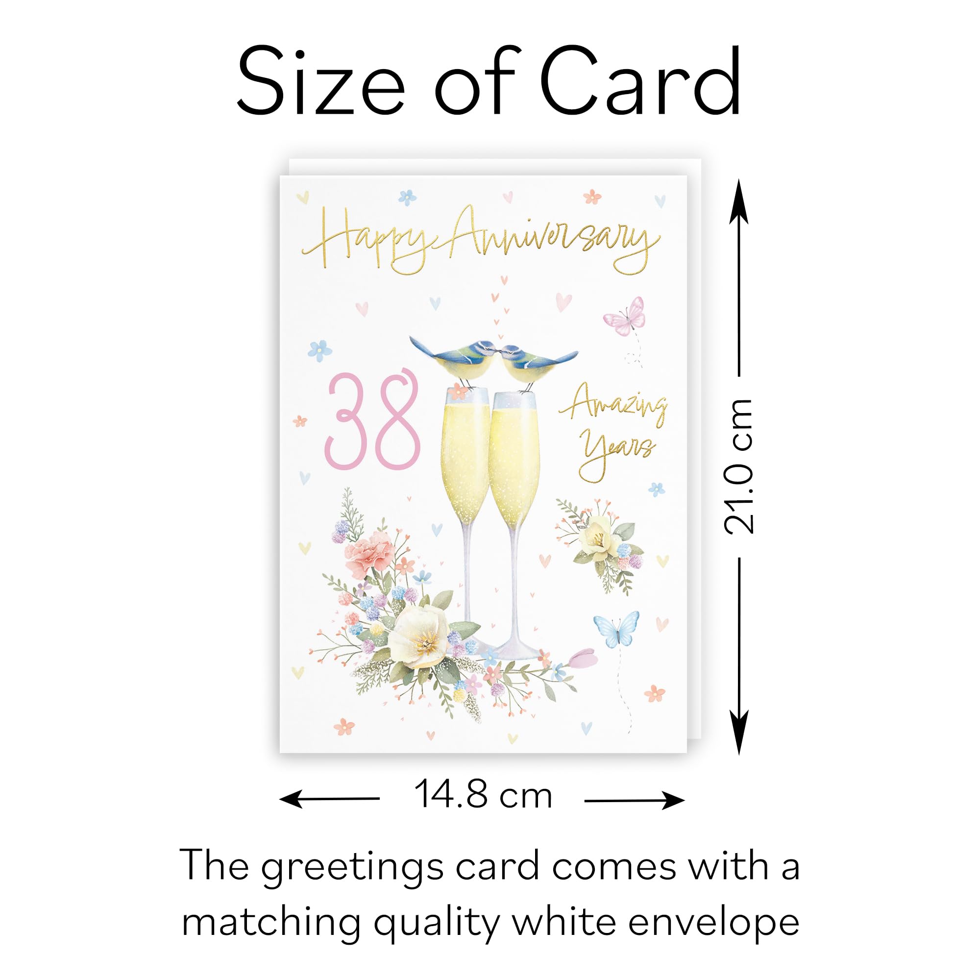 Hunts England, 38th Anniversary Card For Him Or Her, A5 Size, Champagne Flutes, Gold Foil - Image 3