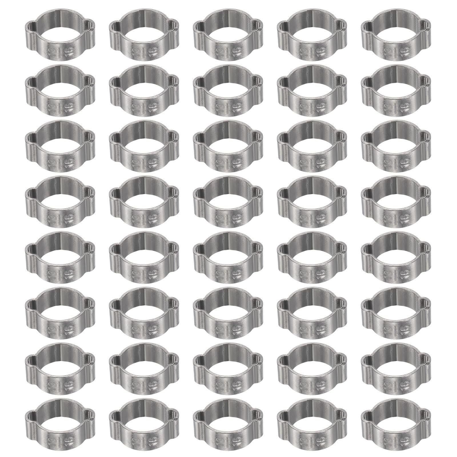 sourcing map 40pcs Double Ear Hose Clamp 13-15 mm 304 Stainless Steel Hose Clamp Double Ear O Clips Crimp Rings for Fuel Line Pipe Tube Fitting Connections, Silver