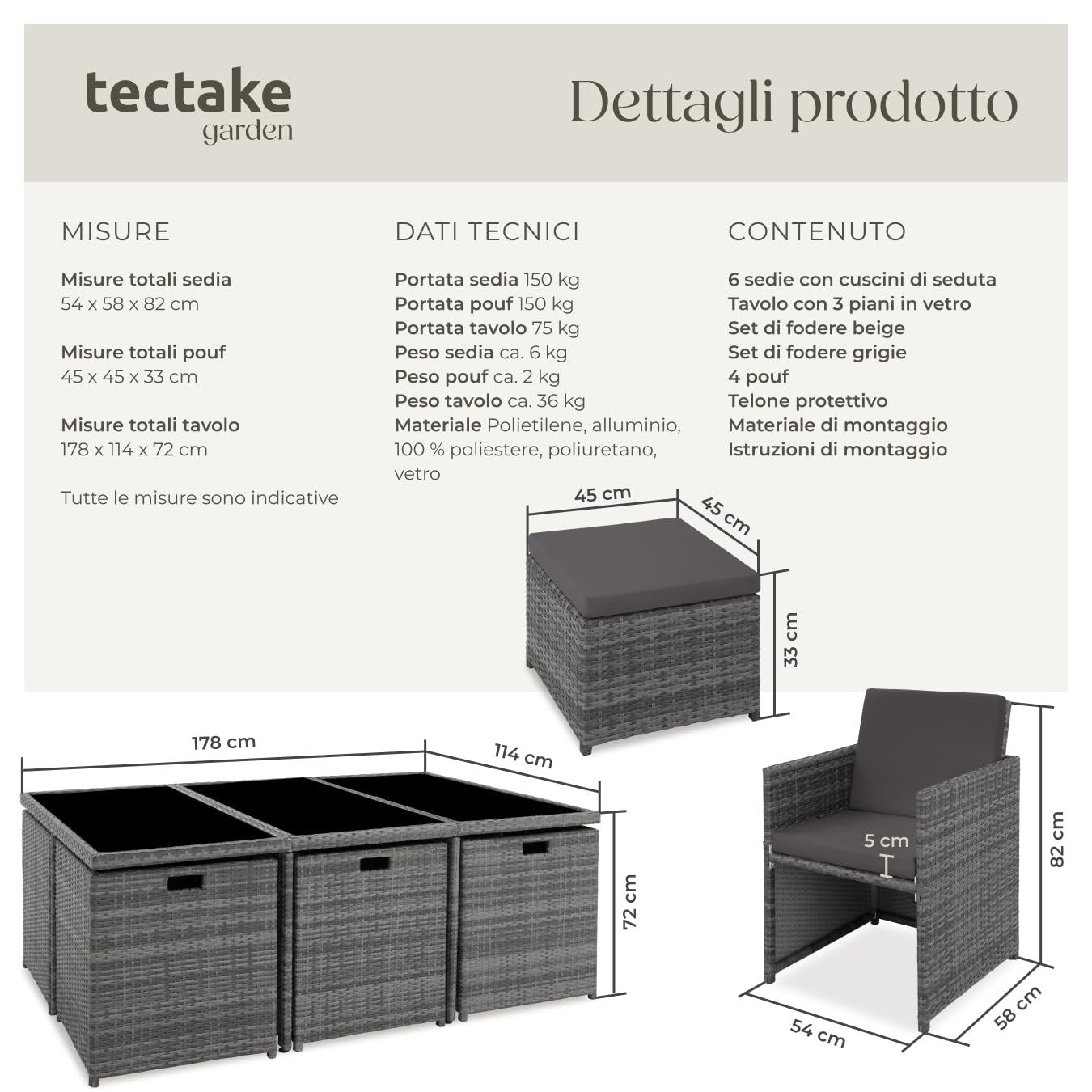Set di Mobili da Giardino Poli Rattan Alluminio 6 Sedie 1 Tavolo 4 Sgabelli Grigio