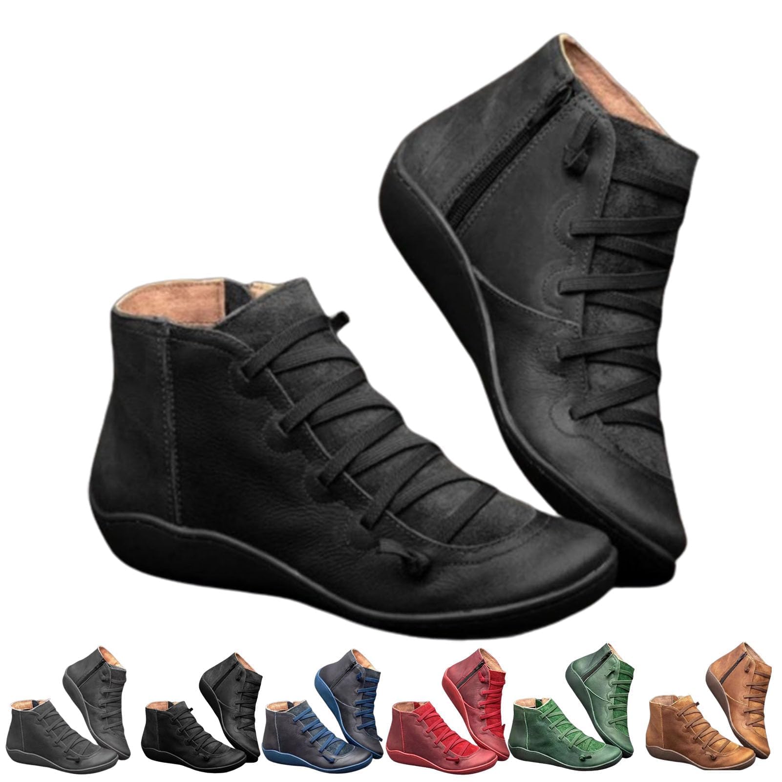 Ankle Boots for Women Arch Support Womens Low Heel Fashion Lace Up Zipper Booties Slip On Vintage Leather