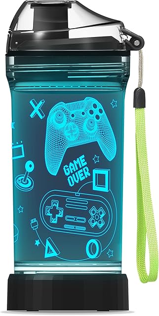 Lightzz Kids Water Bottle with 3D Glowing Game Console LED Light - Tritan BPA Free - Travel Cup Gift for Back to School Girl Boy Child Holiday Camping Picnic - 14 Oz