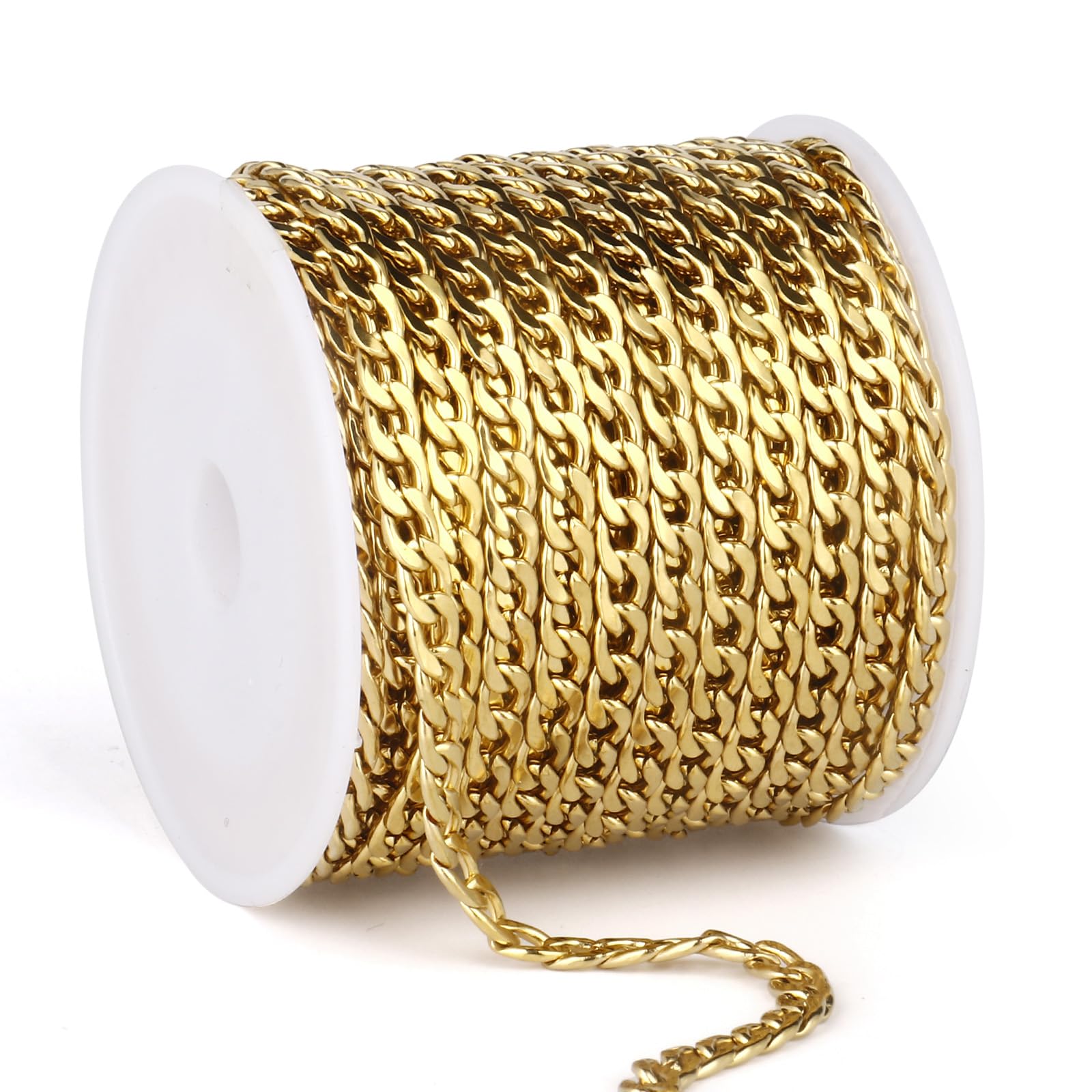 33FT 18K Gold PVD Plated Curb Chains Spool, 4.5mm Stainless Steel Cuban Link Chain Roll Bulk for Jewelry Making