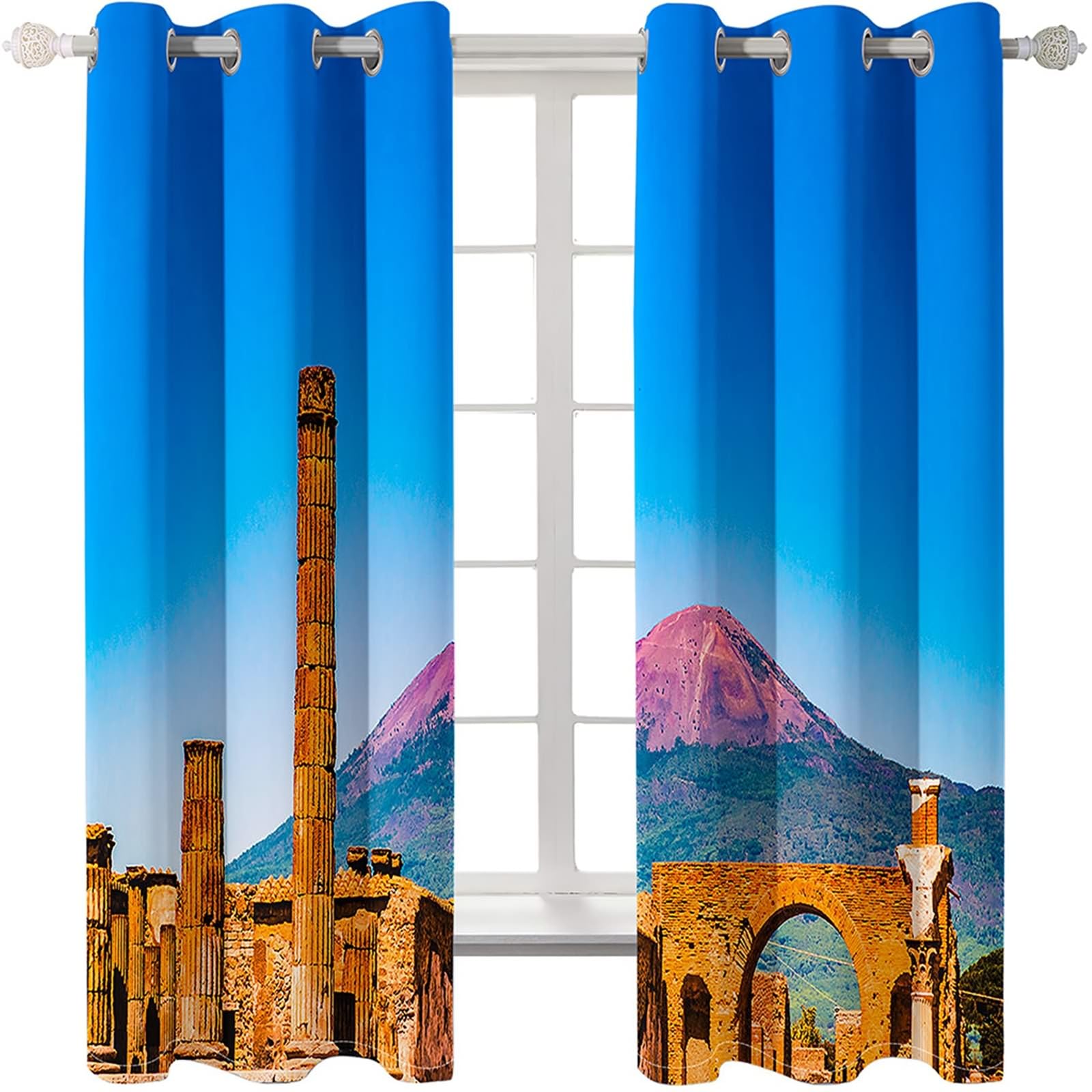 Gardine Schlafzimmer Blickdicht, 102x160cm Blau Grün Braun Berglandschaft Verdunklungsvorhänge mit Ösen