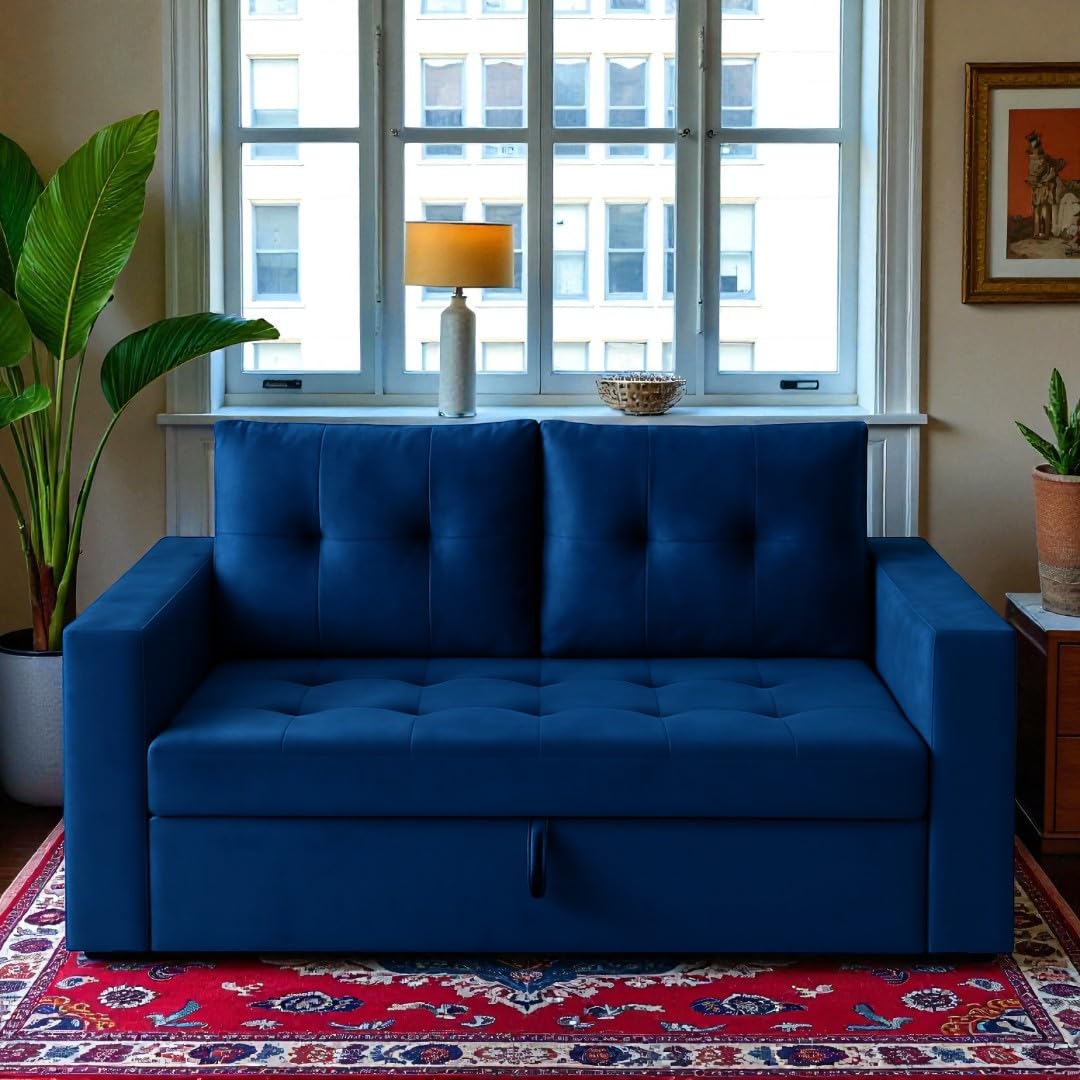 FURNY Tressa 2 Seater Fabric Pull-Out Sofa Cum Bed (Blue) | Premium Velvet Finish | Durable Comfort | Ideal for Living Room FURNY Tressa 2 Seater Fabric Pull-Out Sofa Cum Bed (Blue) | Premium Velvet Finish | Durable Comfort | Ideal for Living Room