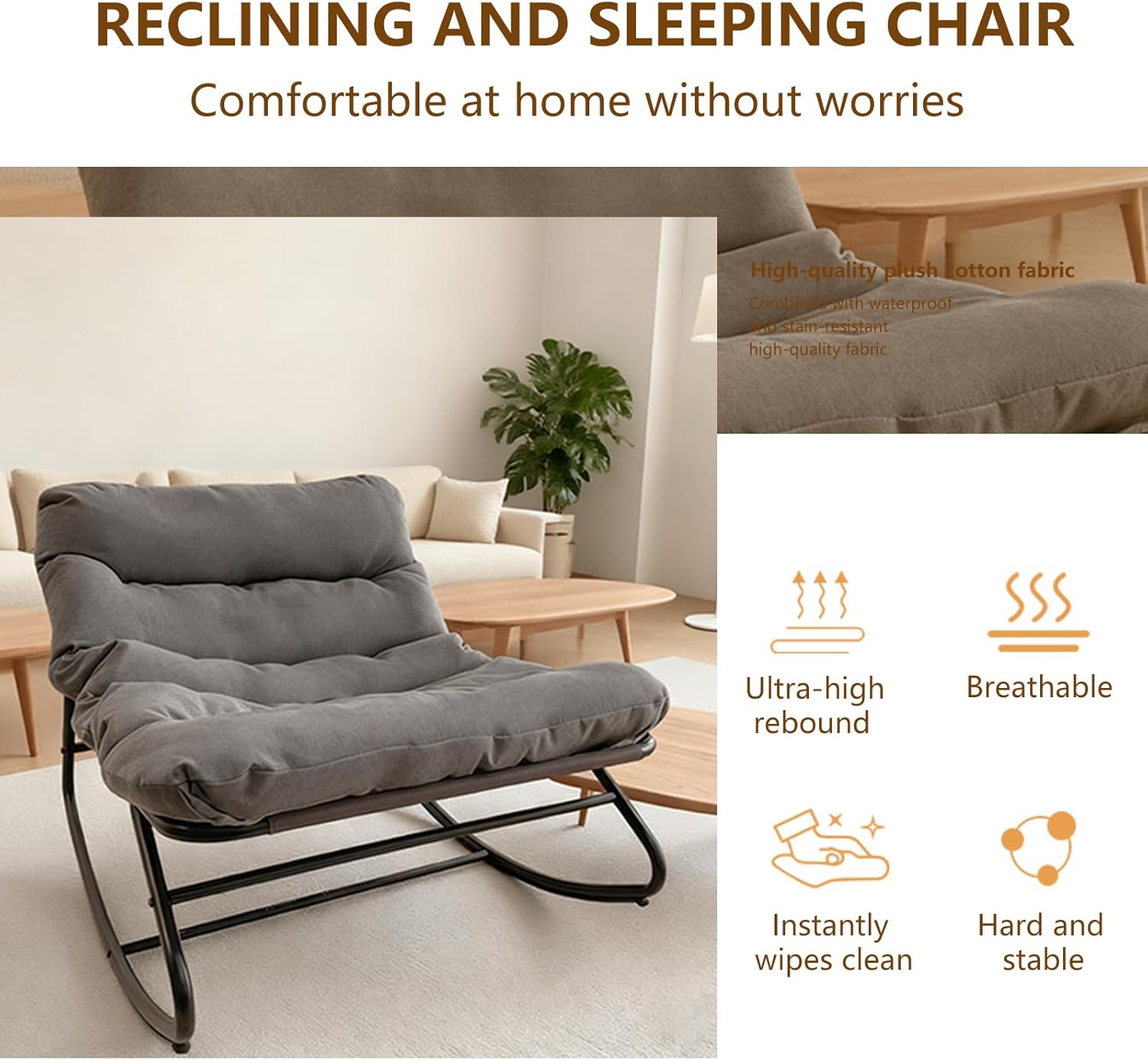 Oversized Papasan Rocking Chair with Cushion, 300 lbs Weight Capacity, Comfortable Indoor Outdoor Lounge Chair for Patio, Garden, Living Room & Bedroom – Gray