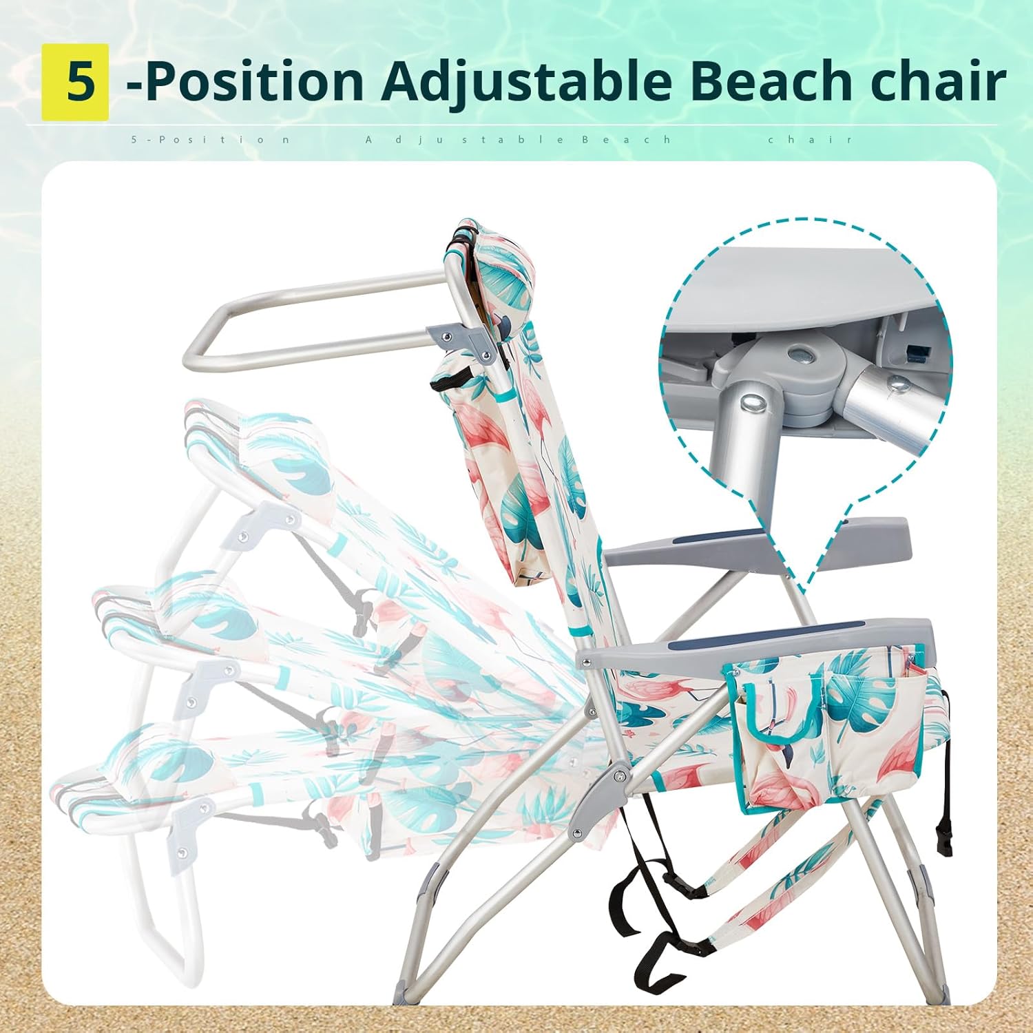 2 Pack Tall Beach Chairs for Adults, 5-Position Reclining Backpack Beach Chair with Cooler Pouch, Portable Lightweight Folding Beach Chair with Aluminum Frame & Cup Holder, Supports 220lbs, Flamingo