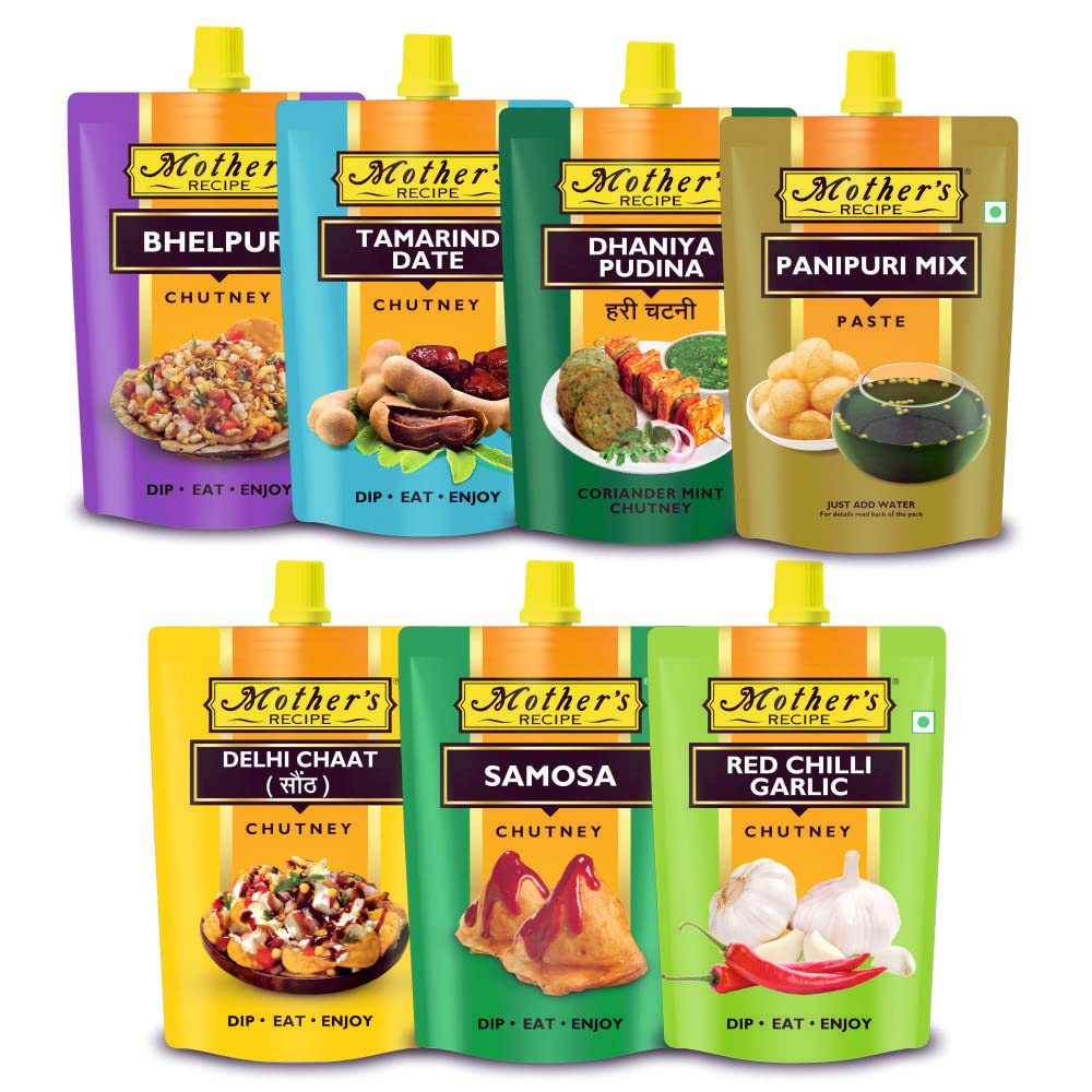 Mothers RECIPE Chutney Combo Pack Of Tamarind Date, Bhelpuri, Samosa, Red Chilli Garlic, Delhi Chaat, Panipuri And Dhaniya Pudhina Chutney Pack Of 7 (B0C1SZ4N3B) Amazon Price History, Amazon Price Tracker