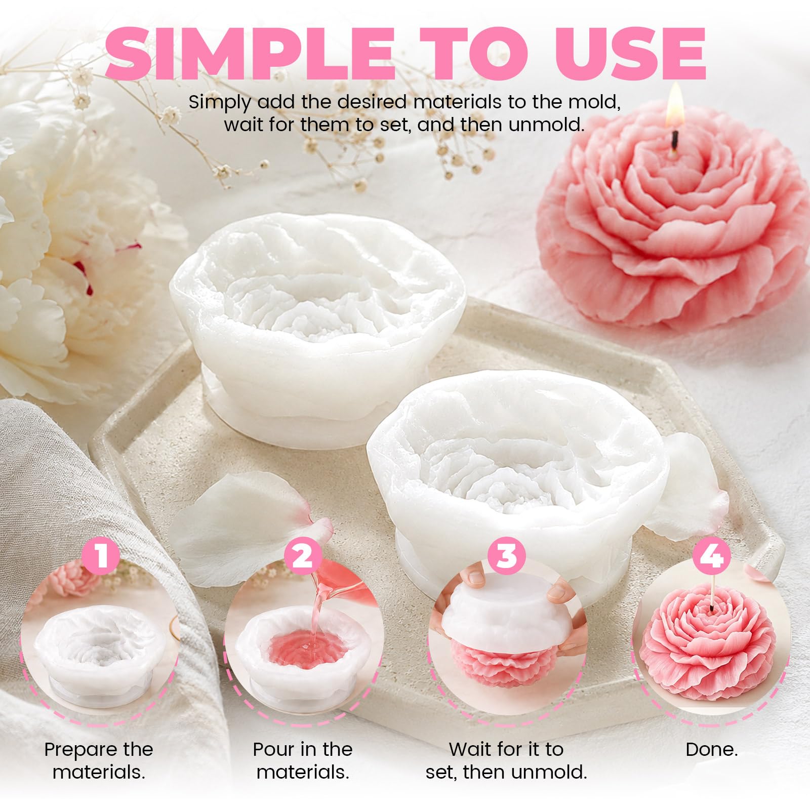 Paquete de 3 moldes de silicona 3D de flores de peonía para hacer velas, con 15 mechas de vela, moldes de flores para cera de soja, resina epoxi, jabón, fondant, chocolate, mediano