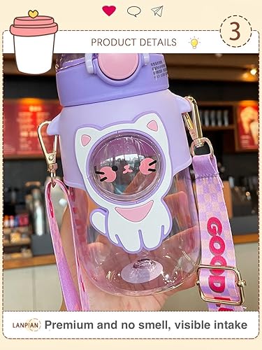 Miniatura 5 de JHTPSLR Botella de agua Kawaii con popote de silicona y correa ajustable, calcomanías 3D y parches de animales de dibujos animados, botella de agua