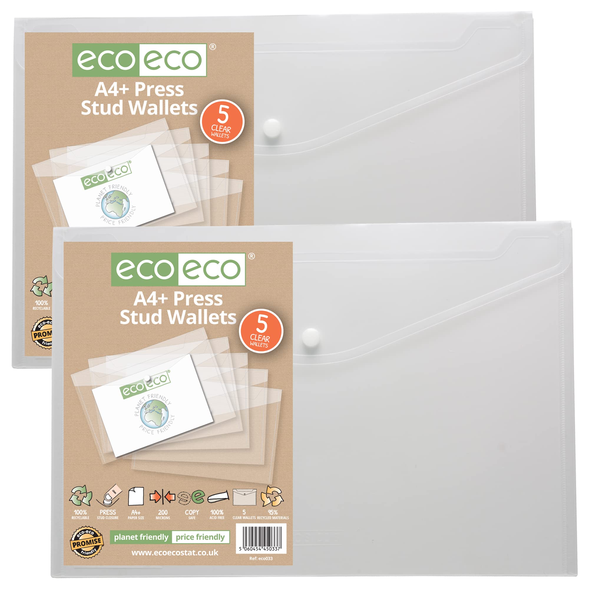 eco-ecoA4+ 95% Recycled Clear Transparent Press Stud Popper Wallet, Plastic Folders (Pack of 10), eco033x2