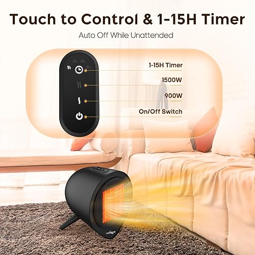 Miniatura 7 de Calentador de espacio pequeño, calefacción de cerámica PTC de 1500 W con temporizador de 15 horas, mini calor eléctrico, protección de seguridad