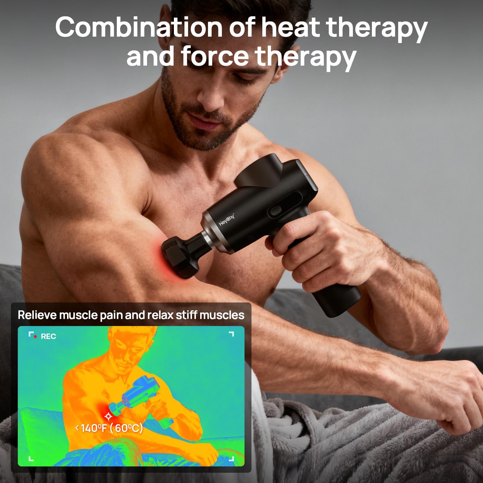HEYCHY Pistolet de massage musculaire professionnel avec chaleur, masseur musculaire portable, percussion du dos du corps, amptitude de 12 mm pour athlètes, coureurs, cadeaux pour homme et femme