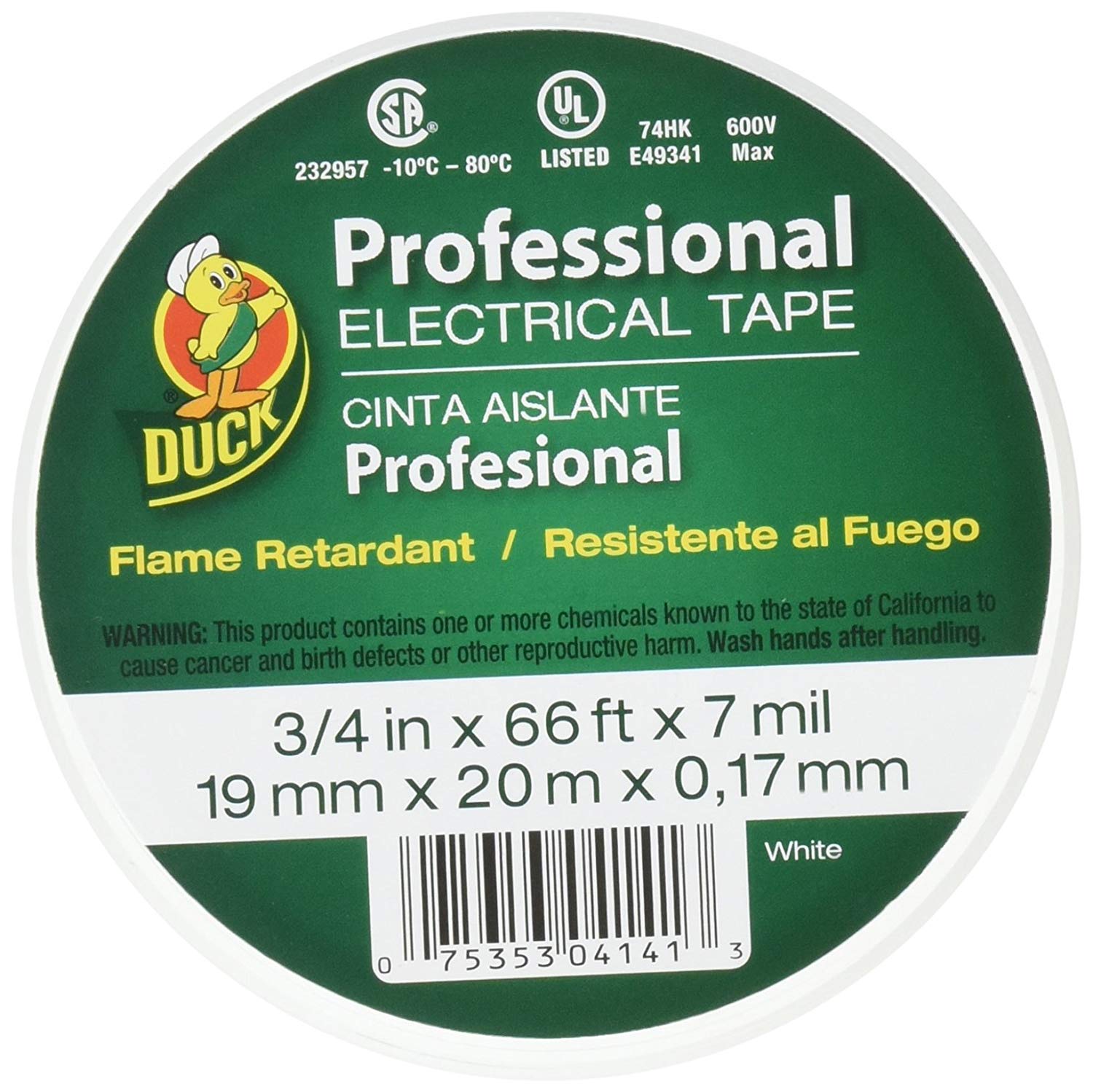 Duck Brand 300877 Professional Grade Electrical Tape, 3/4-Inch by 66 Feet, Single Roll, White (6)