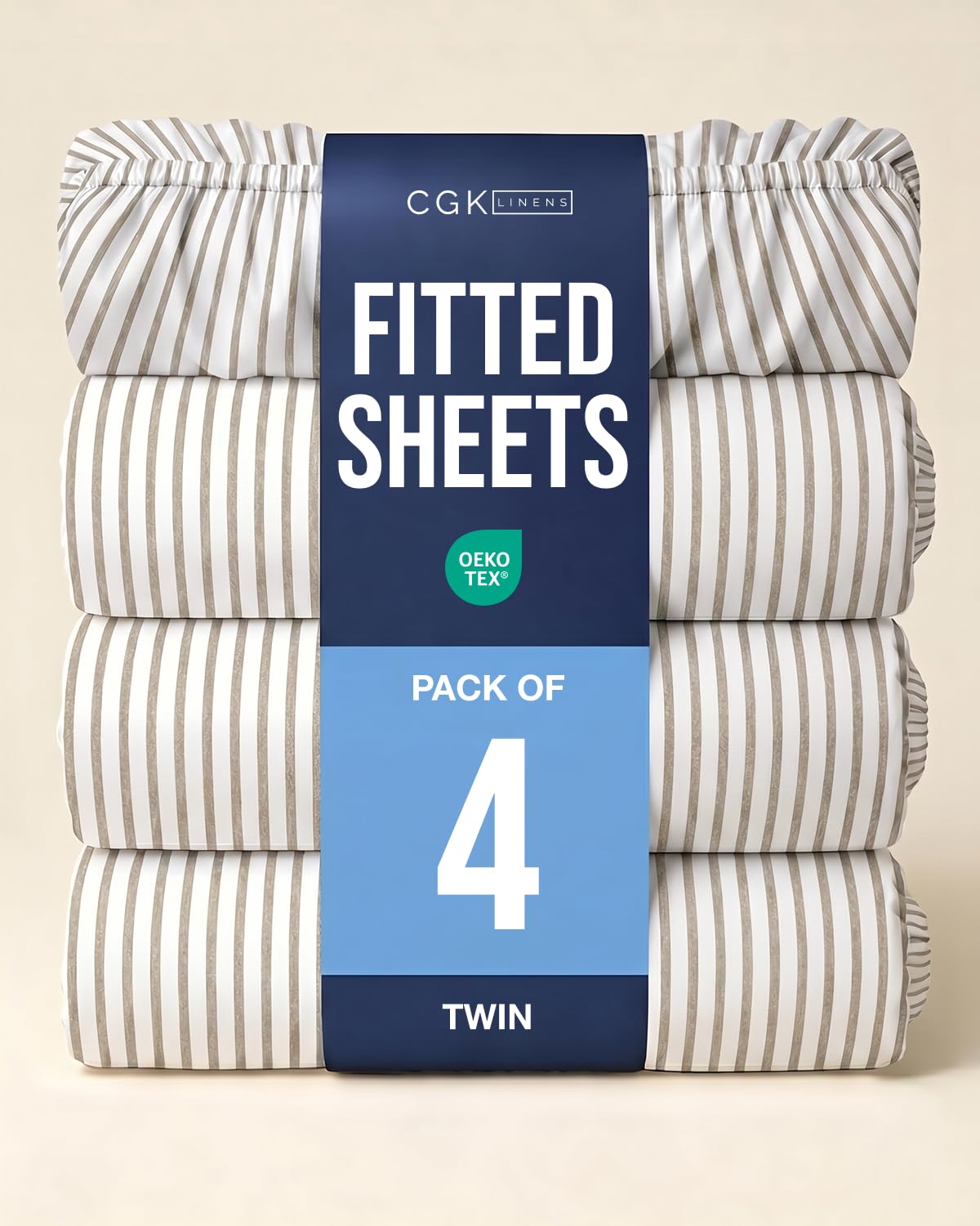 Twin Fitted Sheet - Pack of 4 Single Fitted Bottom Sheet - Beige Stripes