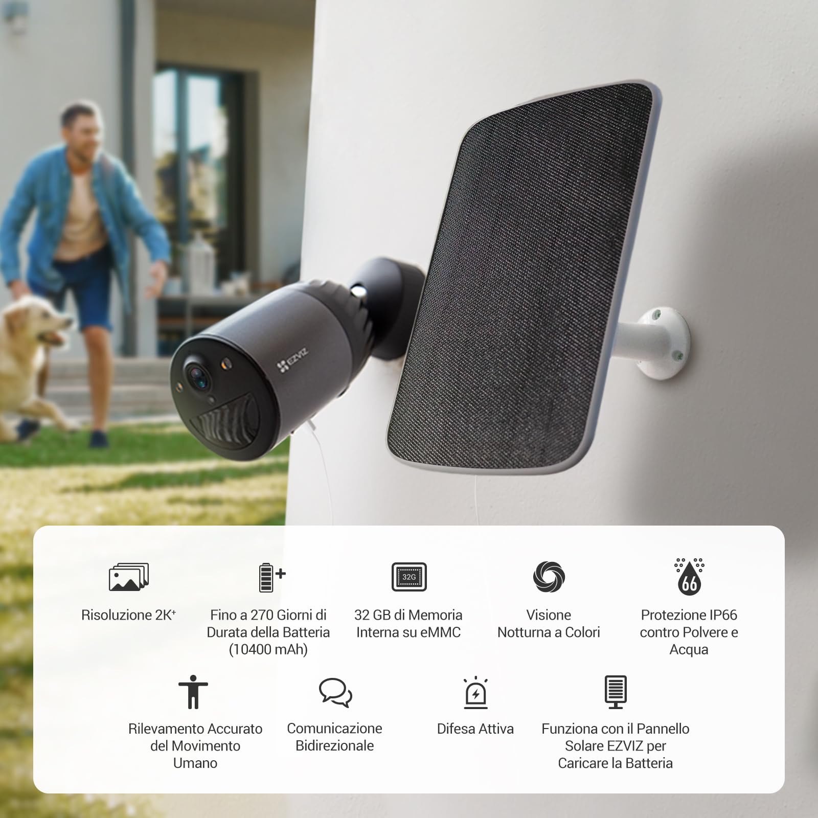 EZVIZ Telecamera wifi esterno batteria 2k, 100% senza fili, 270 Giorni di durata della batteria, impermeabilità IP66, Visione notturna a colori, Alexa, Rilevamento di Persone, Modello BC1C 4MP