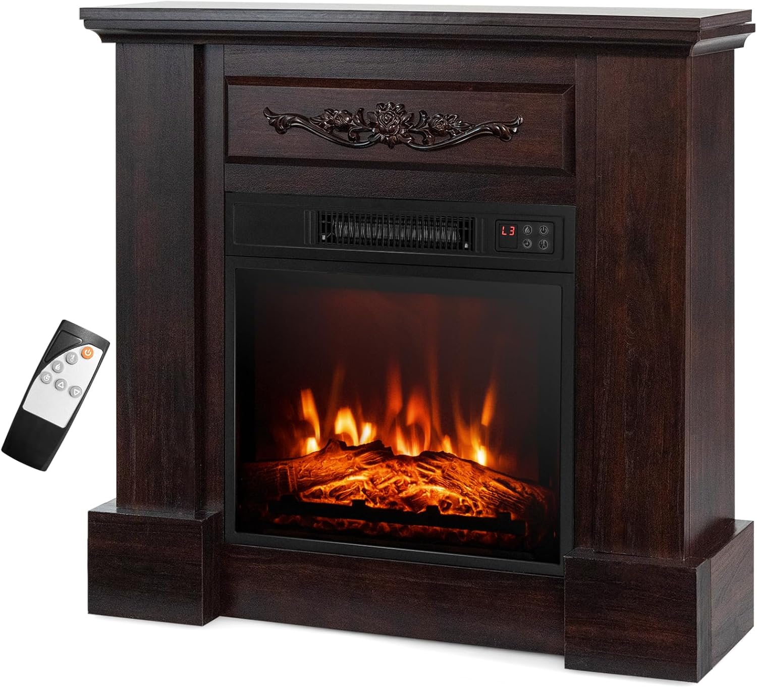 COSTWAY 32-inch Electric Fireplace with Mantel, 1400W Freestanding Fireplace Heater with Remote Control, Thermostat, 6H Timer, Adjustable 3D Flame Effect, Fireplace Mantel for Living Room, Brown