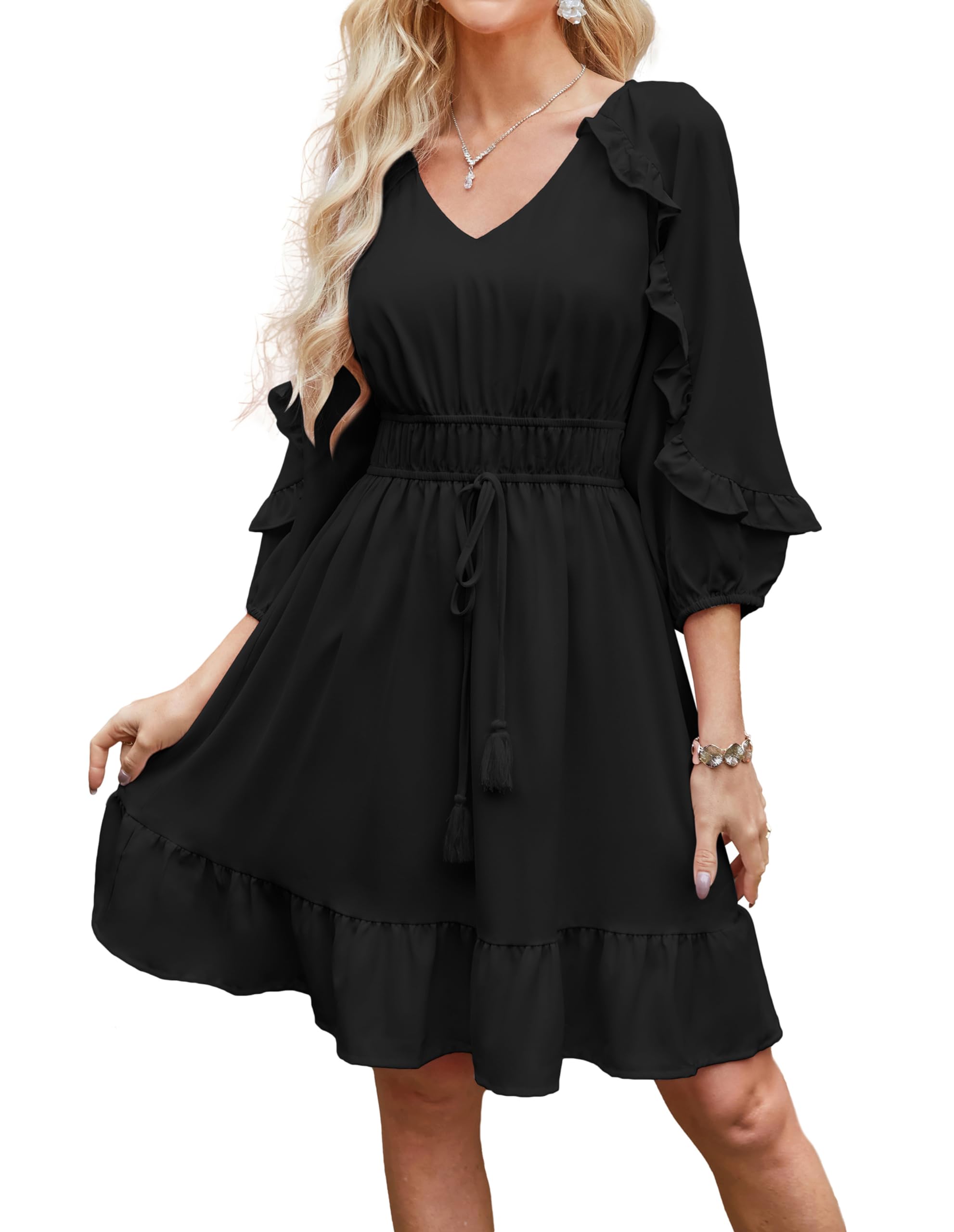 GRACE KARIN Womens 2024 Summer Ruffle Flowy Swing Short Dress V Neck A Line 3/4 Sleeve Tie Waist Dresses