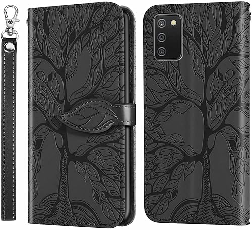 Miniatura 8 de Funda tipo cartera para Samsung Galaxy A03S, piel sintética de alta calidad con diseño de árbol en relieve, función atril, ranuras para tarjetas,