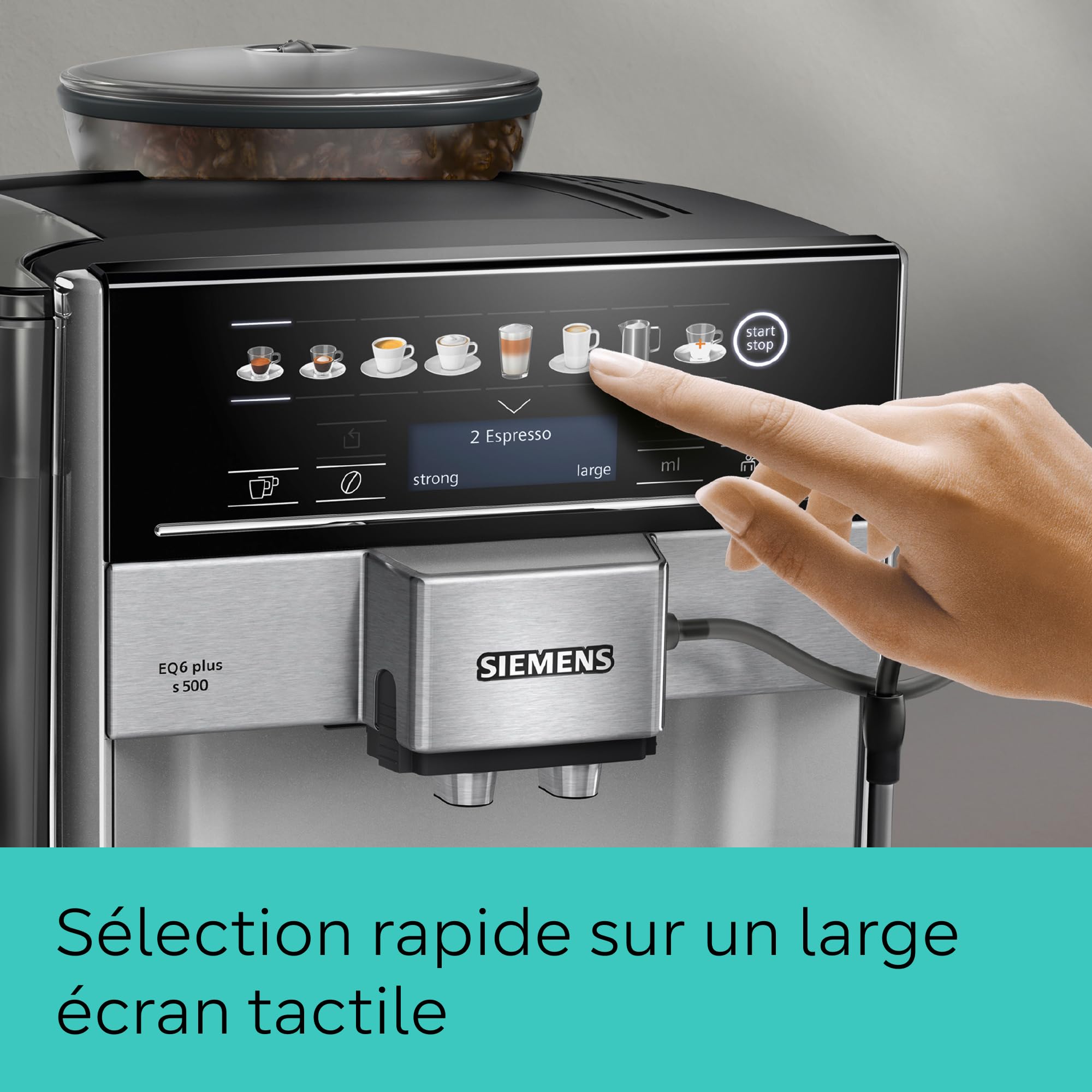 Siemens, machine à café automatique, système de lait, 12 boissons, nettoyage automatique du système de lait, broyeur en céramique, large écran tactile, EQ6 plus s500, TE655203RW