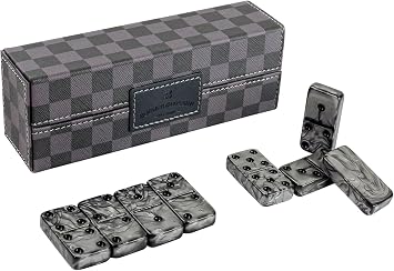 Dominos Set for Adluts - Double 6 Jumbo Domino Set - 28 Thick Marbleized Black and Gray Tiles - Dominoes Set for Adults and Kids, Classic Board Game for Family Nights & Travel Black & Grey Case