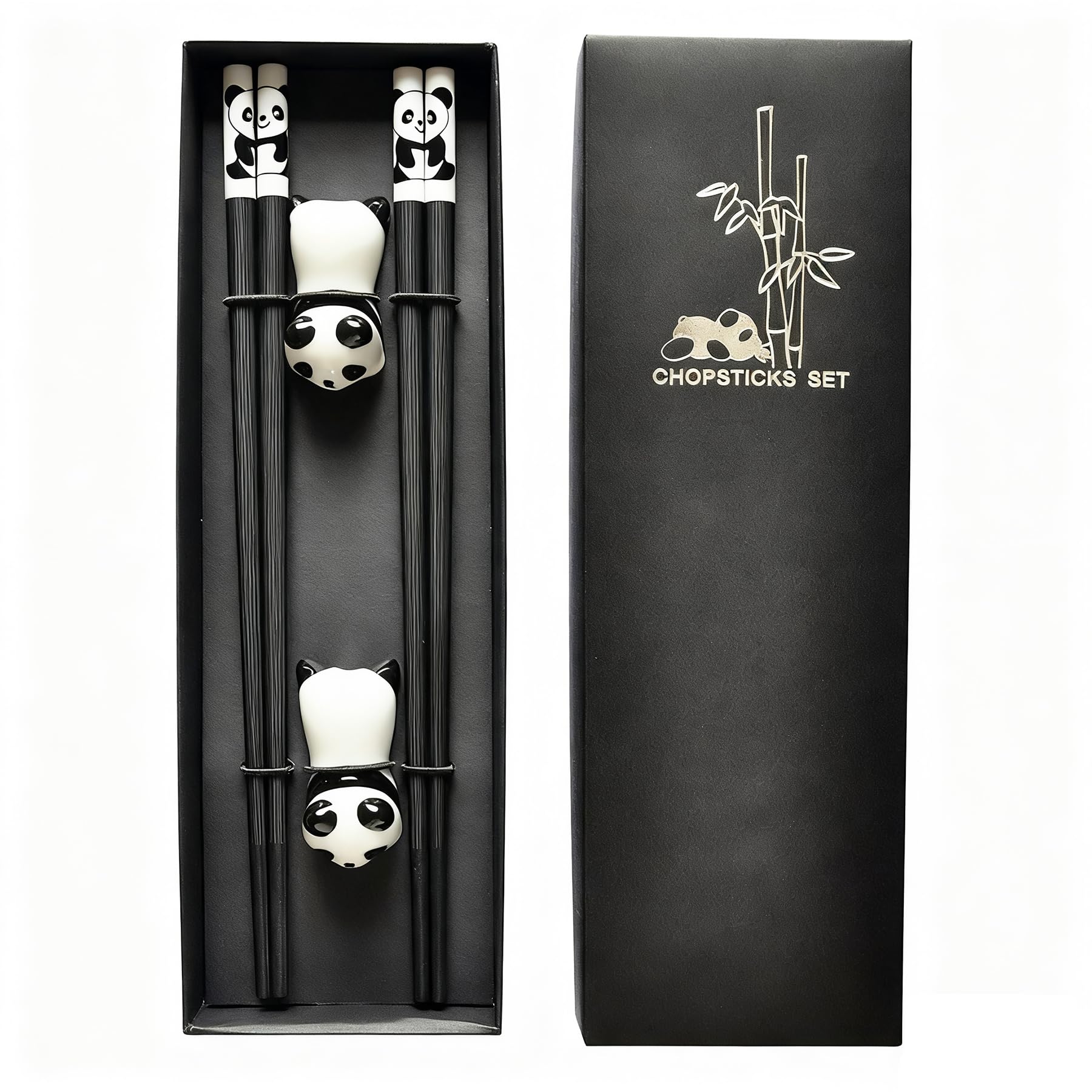 2 Pairs Chopsticks with Ceramic Panda Rests, Reusable Chopsticks, Dishwasher Safe, for Asian Dishes Sushi Rice NoodlesElegant Gift Box (Black)
