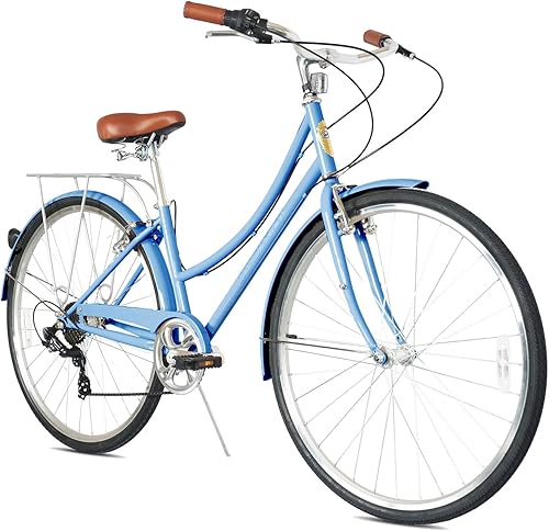 Miniatura 9 de MICARGI Kansans Beach Cruiser Bike - Empuñaduras de cuero de 7 velocidades y cojín de asiento V-Brake para adultos