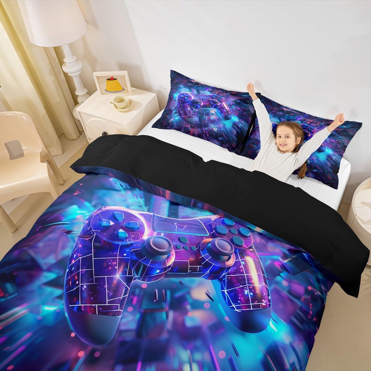 Manfei Gamepad Duvet Cover Set Full Size,Game Video Games Modern Neon Kids Bedding Set,Gaming Controller Buttons Room Decor,Purple Blue Quilt Cover,2 Pillowcases(No Comforter)
