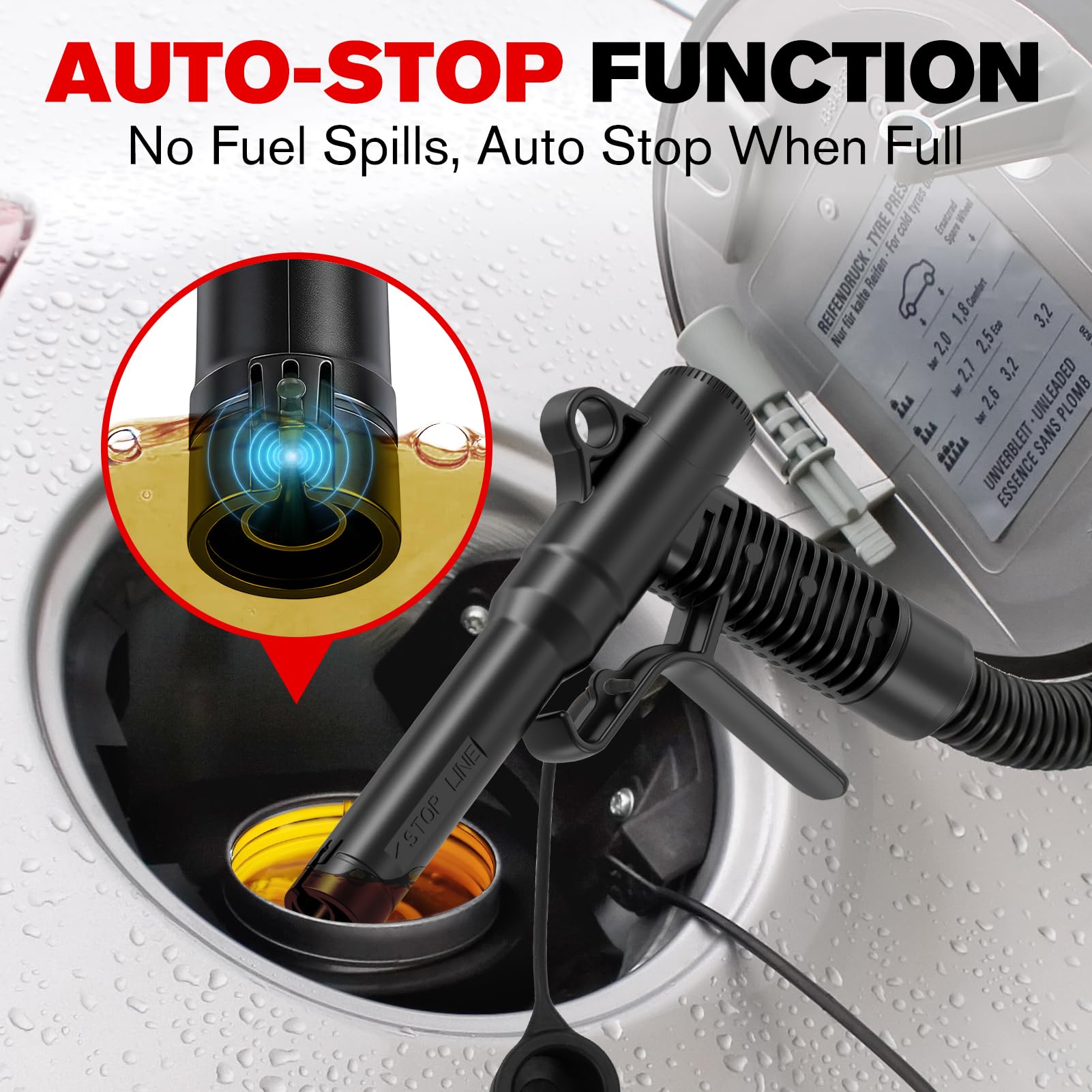 Pompe de transfert de carburant automatique avec arrêt automatique, 180,3 cm, tuyau de 180,3 cm, pompe à gaz portable alimentée par batterie avec 4 adaptateurs, pompe de transfert de liquide