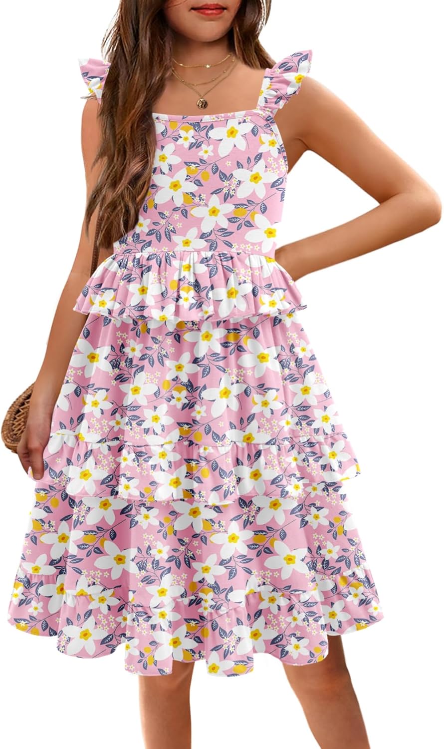 Arshiner Girls Dresses Ruffle Sleeve Tiered Casual Flowy Swing Tween Sundress with Pockets for Girls 5-13 Years