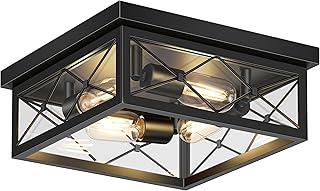 Asnxcju 12" Square Flush Mount Ceiling Light with Clear Glass Shade, 4-Light Farmhouse Outdoor Porch Ceiling Light Fixtures, Black Hallway Light Fixtures Mount for Garage Living Room Foyer