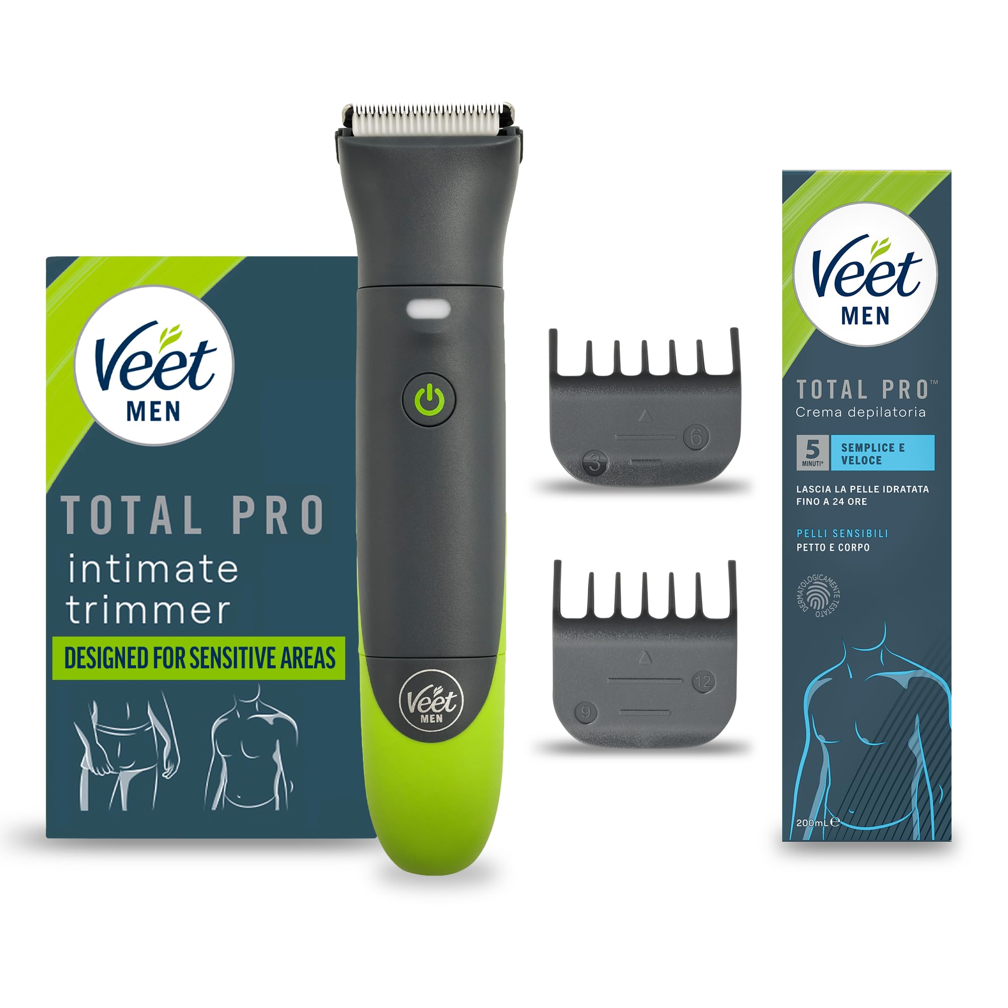 Veet Men Intimate Trimmer TOTAL PROTM, Rasoio elettrico uomo corpo e parti intime, 1 testina per zona intima e corpo e 2 pettini guida, Rifinitura precisa, Cordless + Crema 200 ml Pelli Sensibili