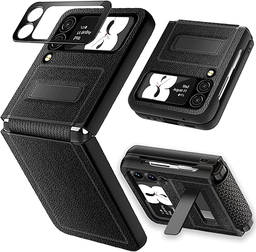 Miimall Funda de lujo compatible con Samsung Galaxy Z Flip 3, protector de pantalla de cámara + protección de bisagra + funda delgada de cuero con