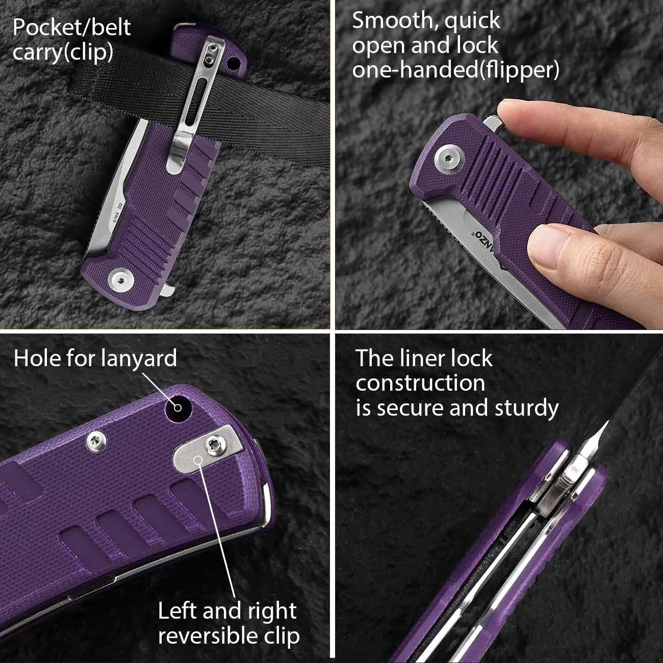Firebird Ganzo G769-PL EDC Folding Pocket Knife Razor Sharp D2 Stainless Steel Blade G10 Handle with Clip Outdoor Pocket Knife Hunting Fishing Hiking Folder Best Gift for Men (Purple)